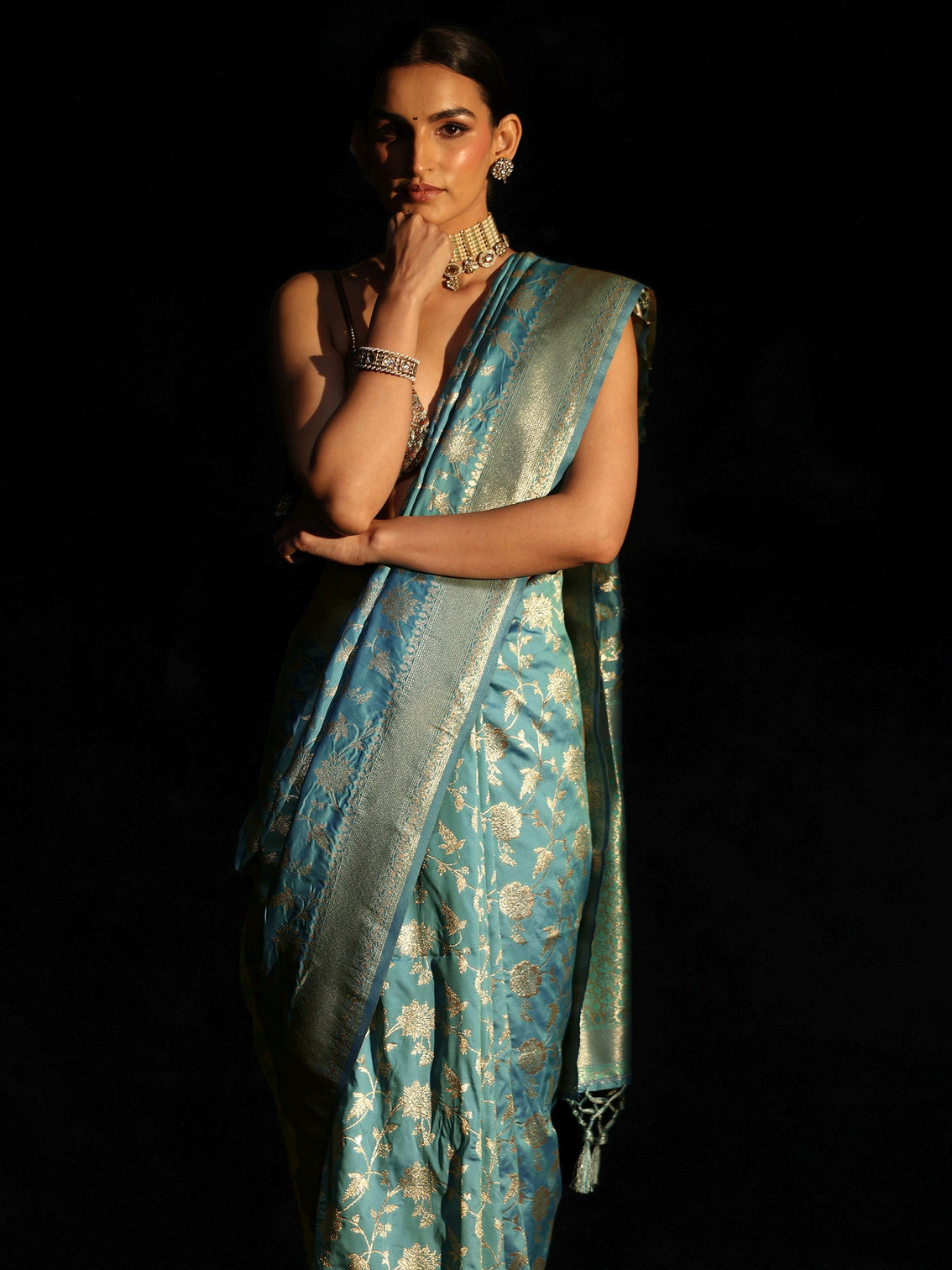 Mameraa Dusty Sky Blue Banarasi Silk Blend Saree