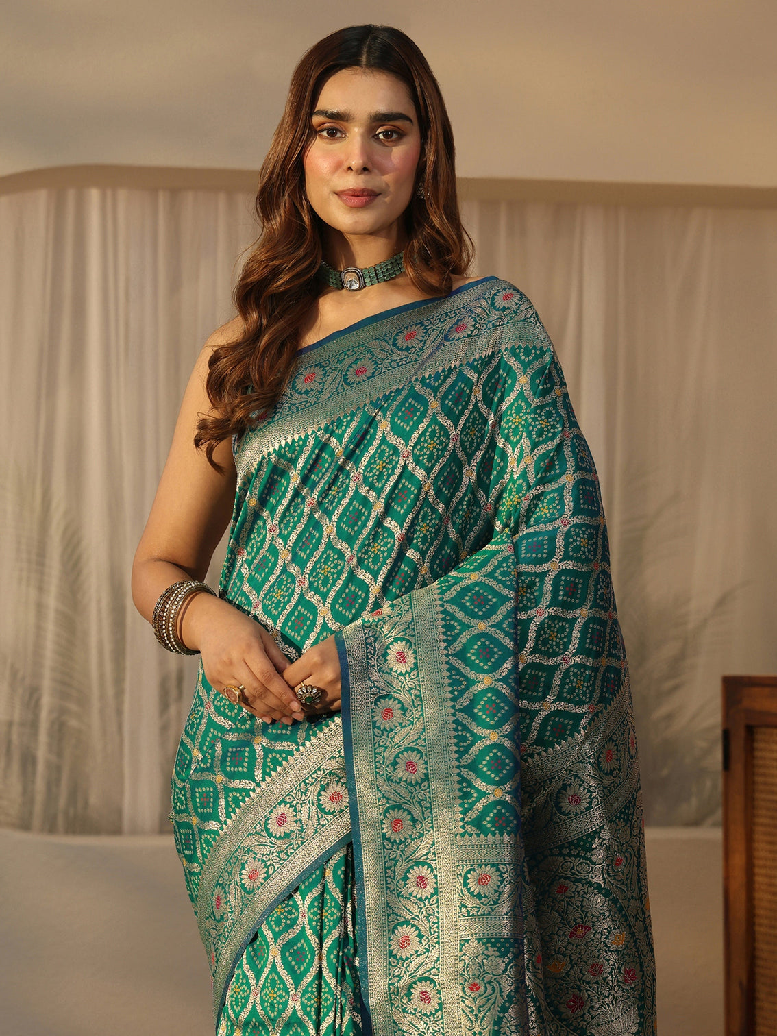 Mameraa Turquoise Blue Bandhani Print Woven Silk Blend Saree