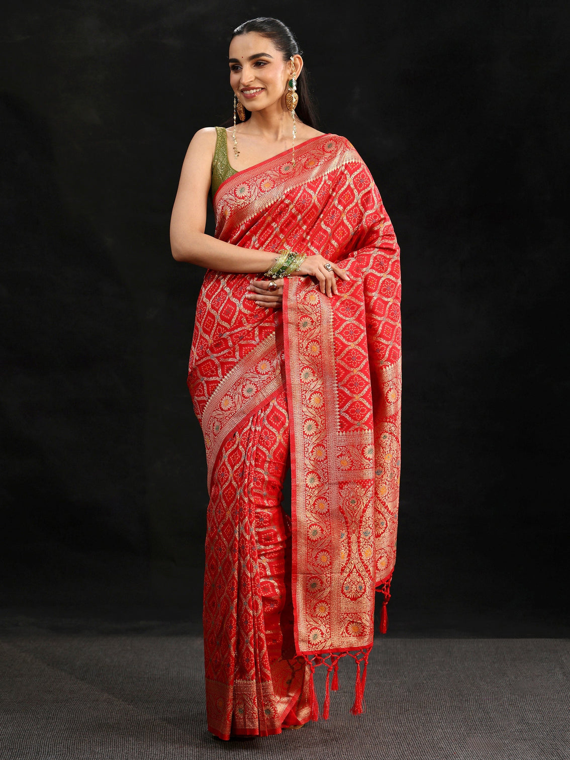 Mameraa Vermilion Red Gharchola Silk Blend Saree