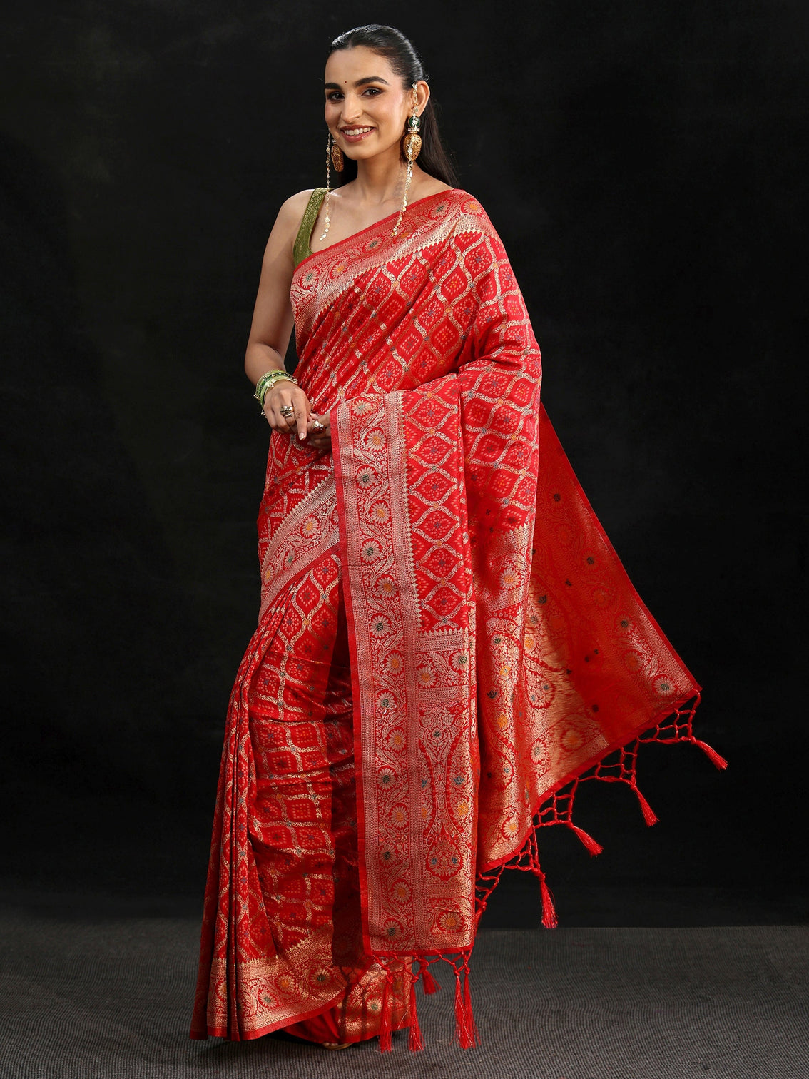 Mameraa Vermilion Red Gharchola Silk Blend Saree