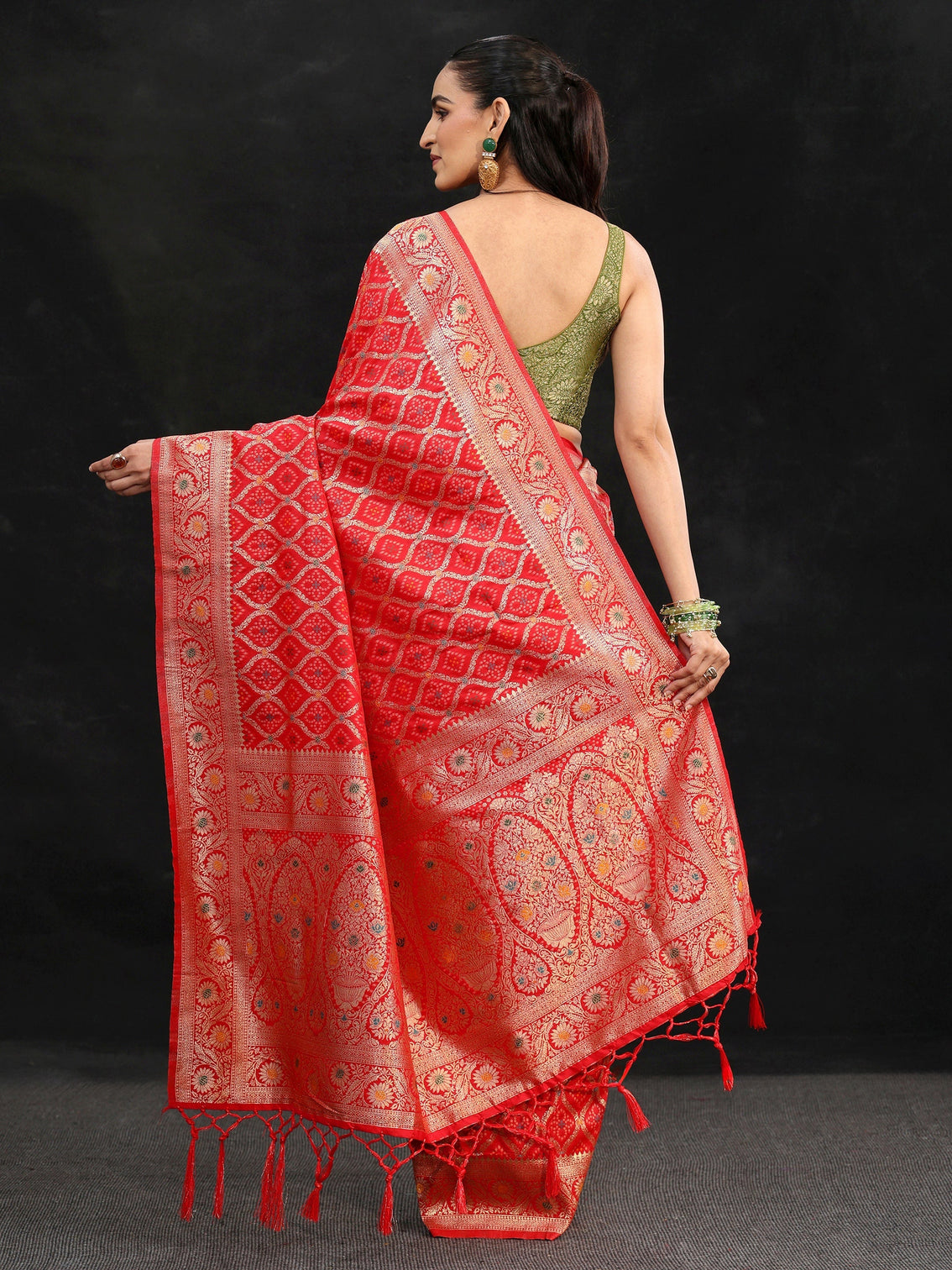 Mameraa Vermilion Red Gharchola Silk Blend Saree