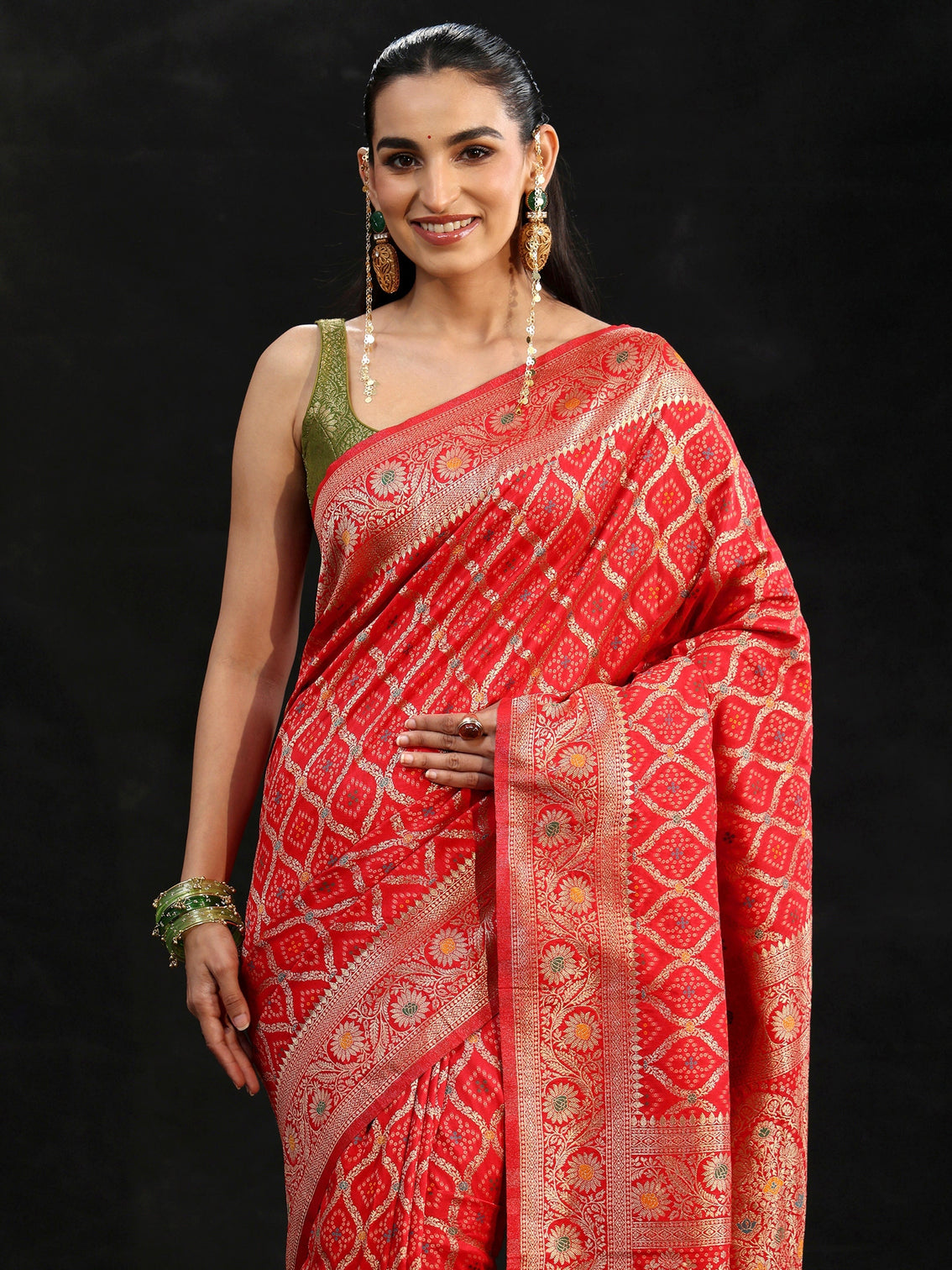 Mameraa Vermilion Red Gharchola Silk Blend Saree