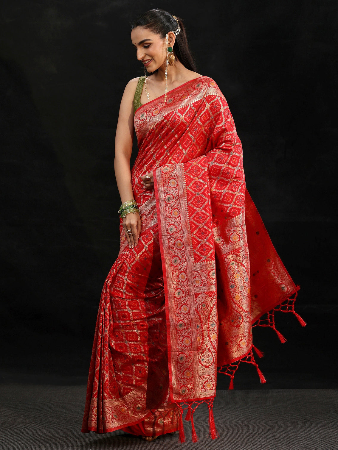 Mameraa Vermilion Red Gharchola Silk Blend Saree