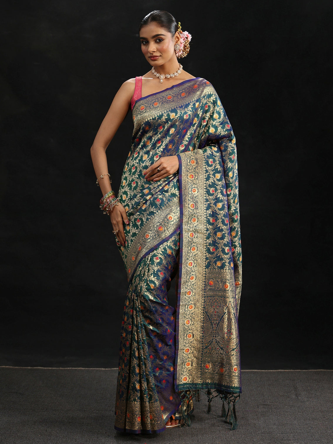Mameraa Navy Blue Meenakari Banarasi Silk Blend Saree