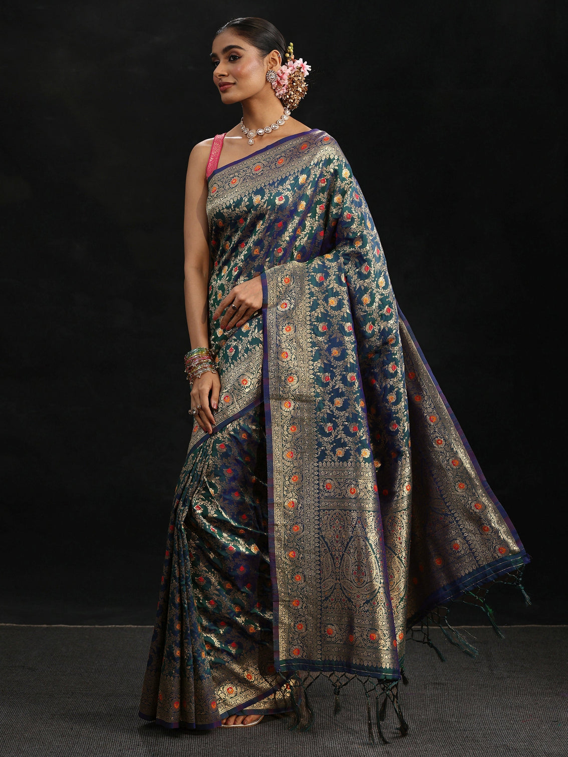 Mameraa Navy Blue Meenakari Banarasi Silk Blend Saree