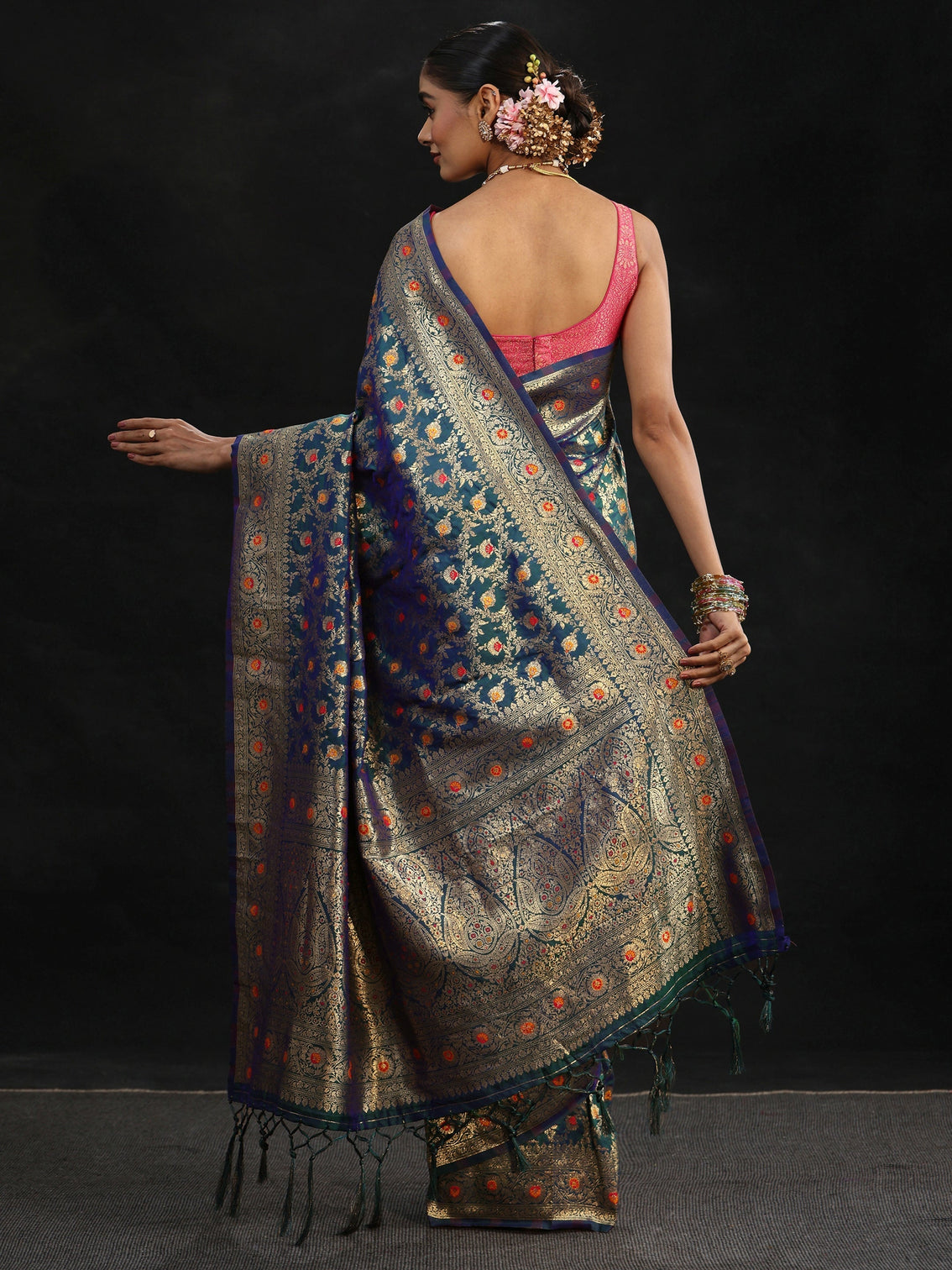 Mameraa Navy Blue Meenakari Banarasi Silk Blend Saree