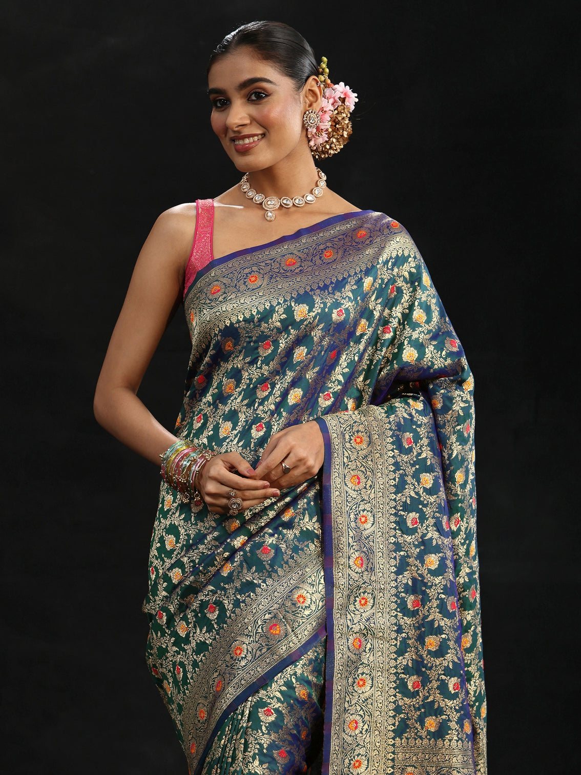 Mameraa Navy Blue Meenakari Banarasi Silk Blend Saree