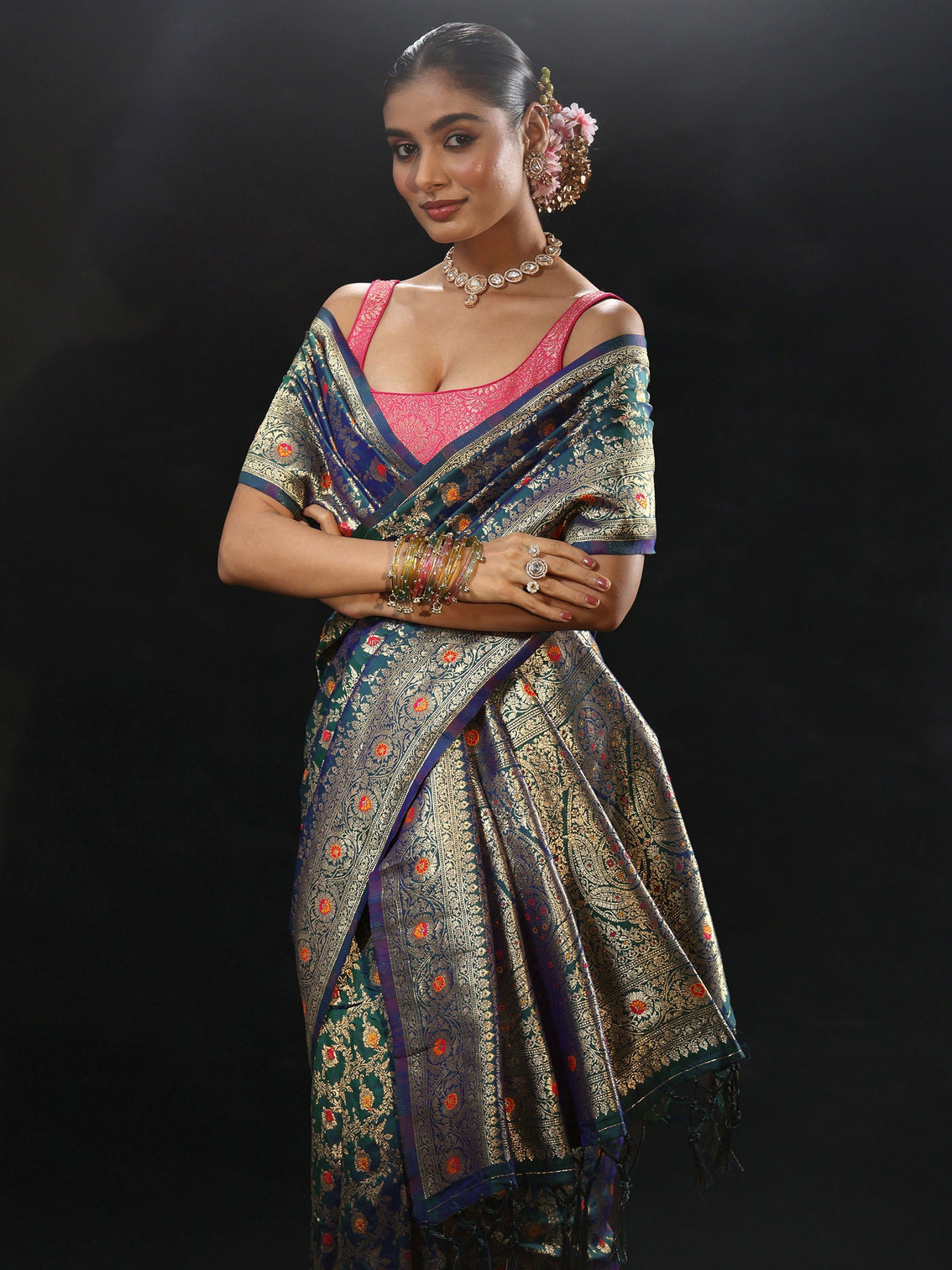 Mameraa Navy Blue Meenakari Banarasi Silk Blend Saree