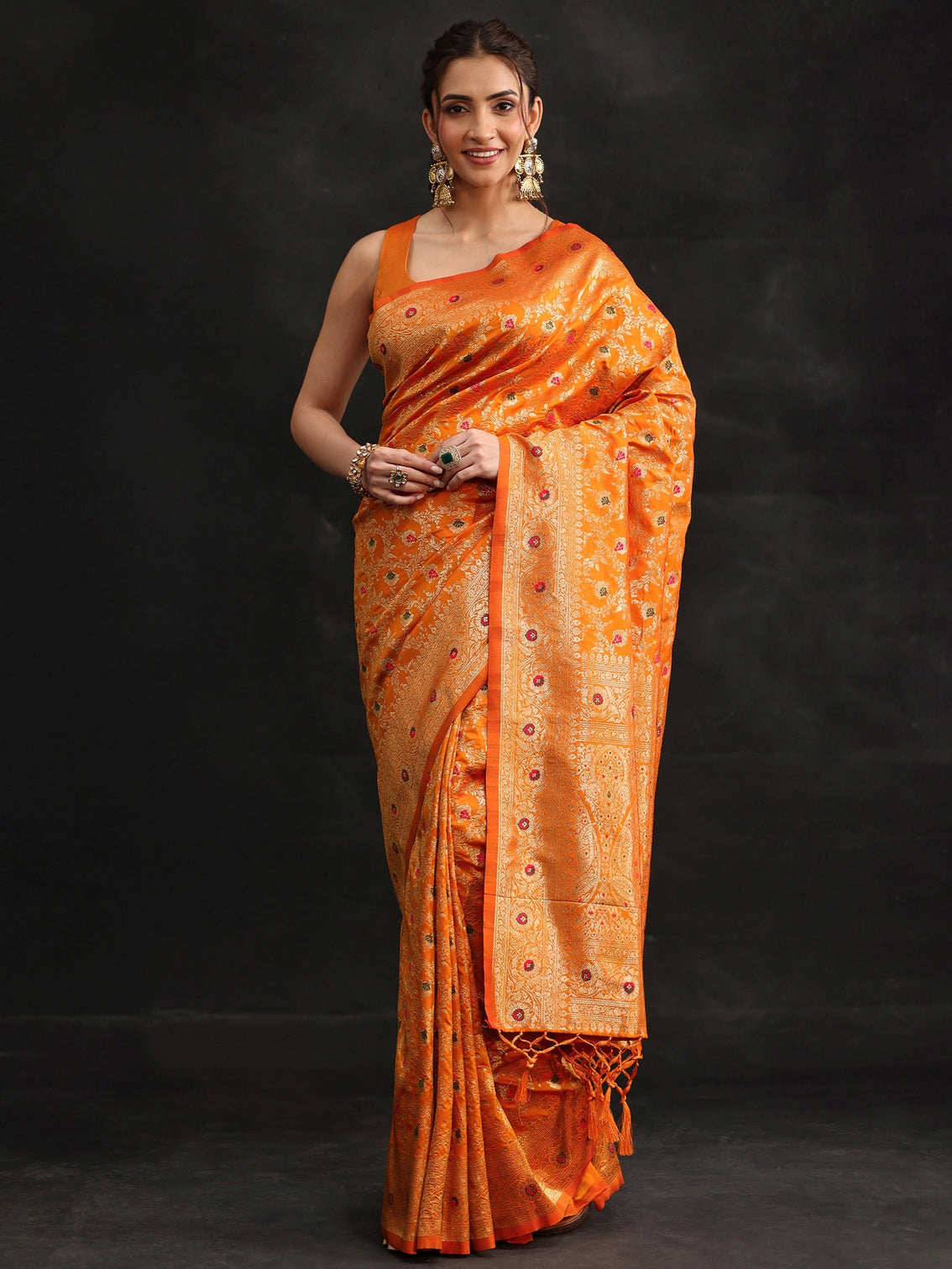 Mameraa Mustard Meenakari Banarasi Silk Blend Saree