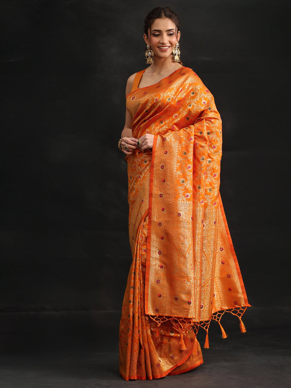 Mameraa Mustard Meenakari Banarasi Silk Blend Saree