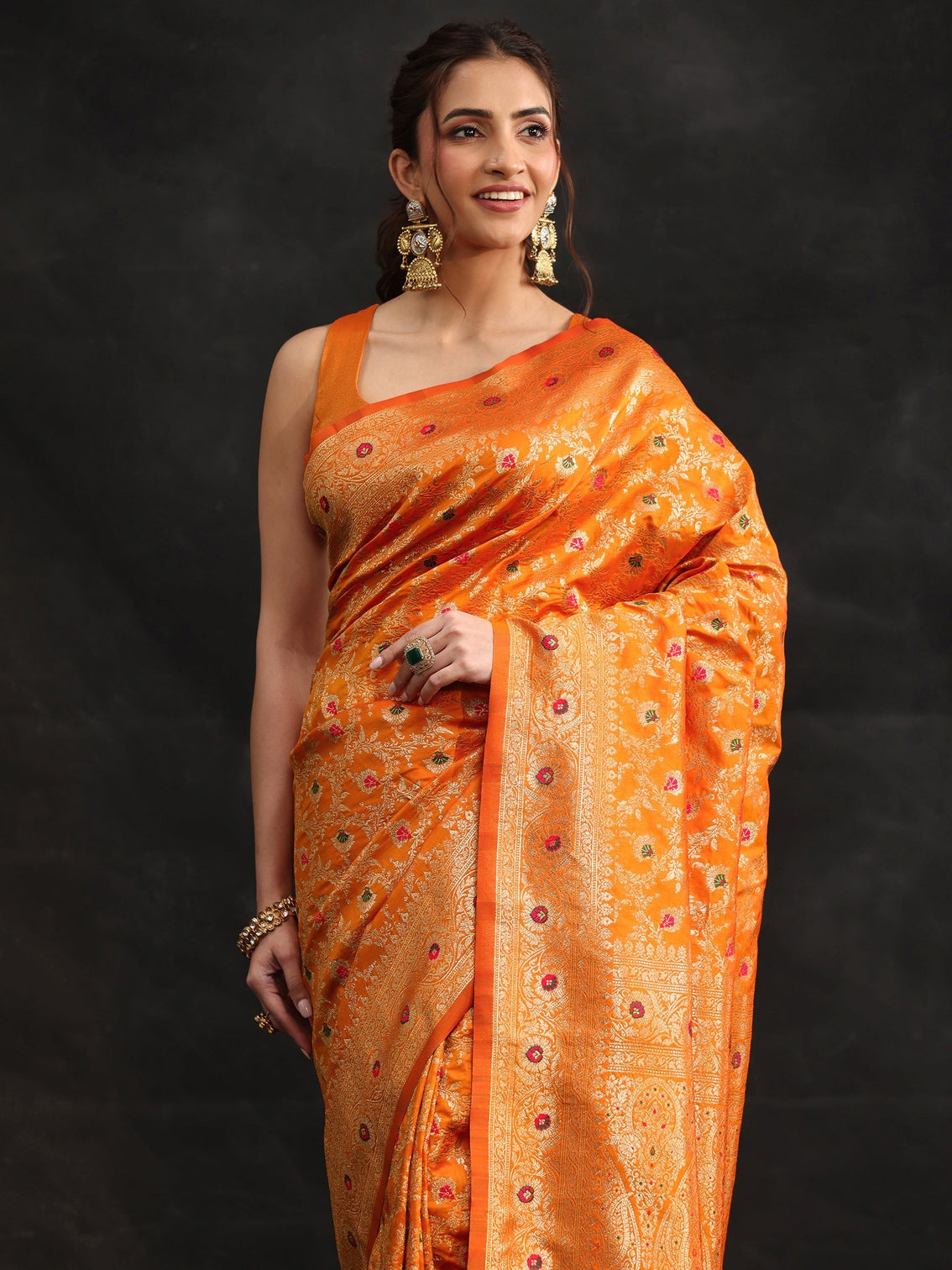 Mameraa Mustard Meenakari Banarasi Silk Blend Saree
