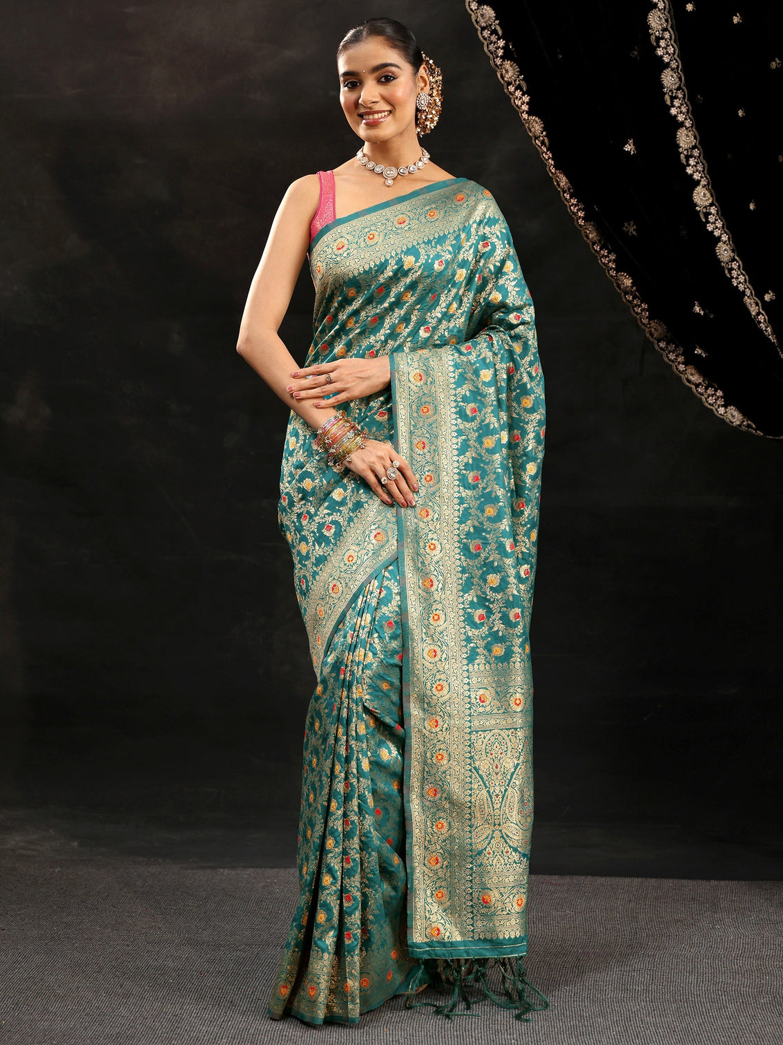 Mameraa Teal Green Meenakari Banarasi Silk Blend Saree