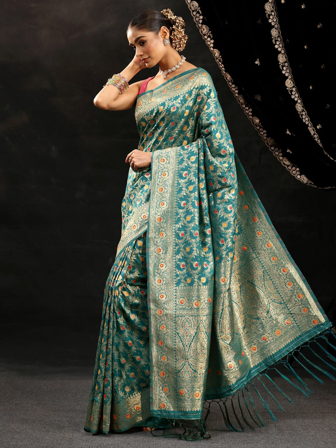 Mameraa Teal Green Meenakari Banarasi Silk Blend Saree
