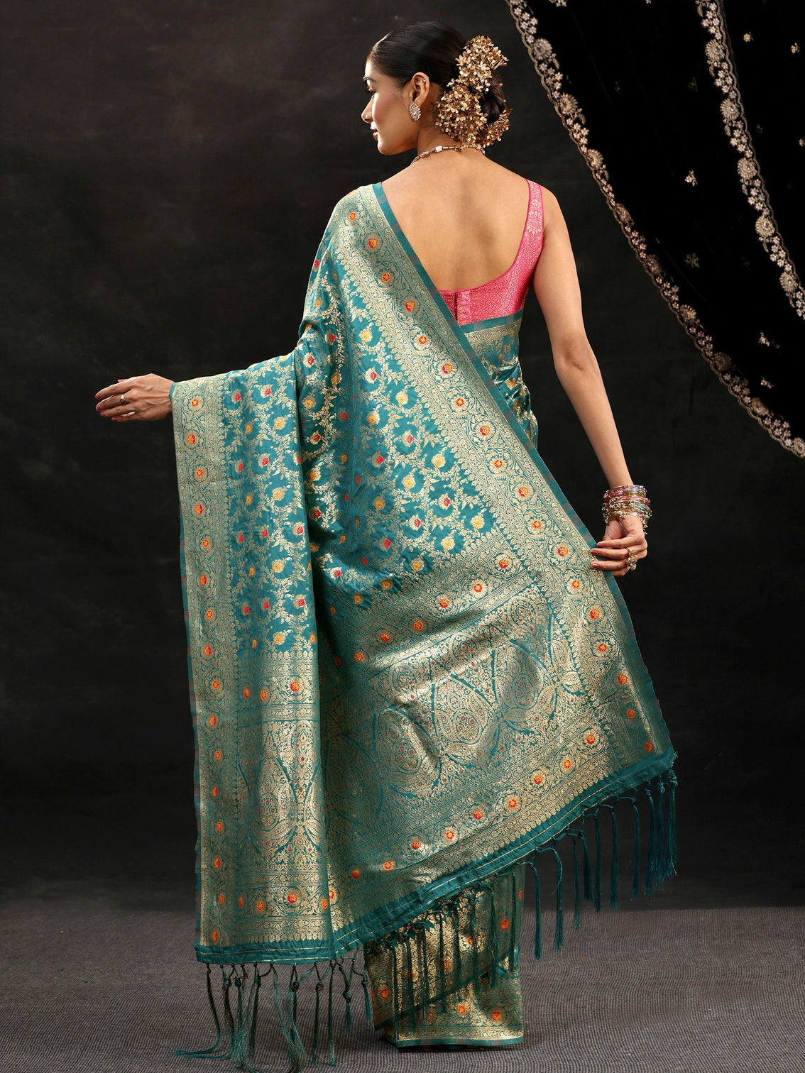 Mameraa Teal Green Meenakari Banarasi Silk Blend Saree