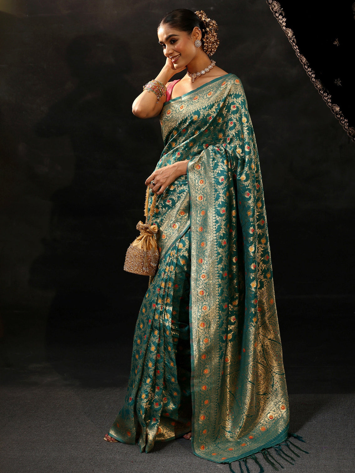 Mameraa Teal Green Meenakari Banarasi Silk Blend Saree