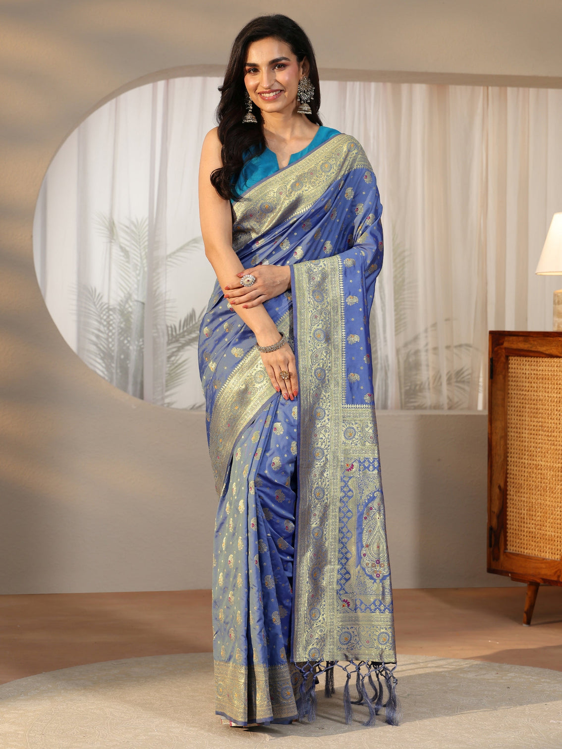 Mameraa Dusty Blue Banarasi Silk Blend Saree