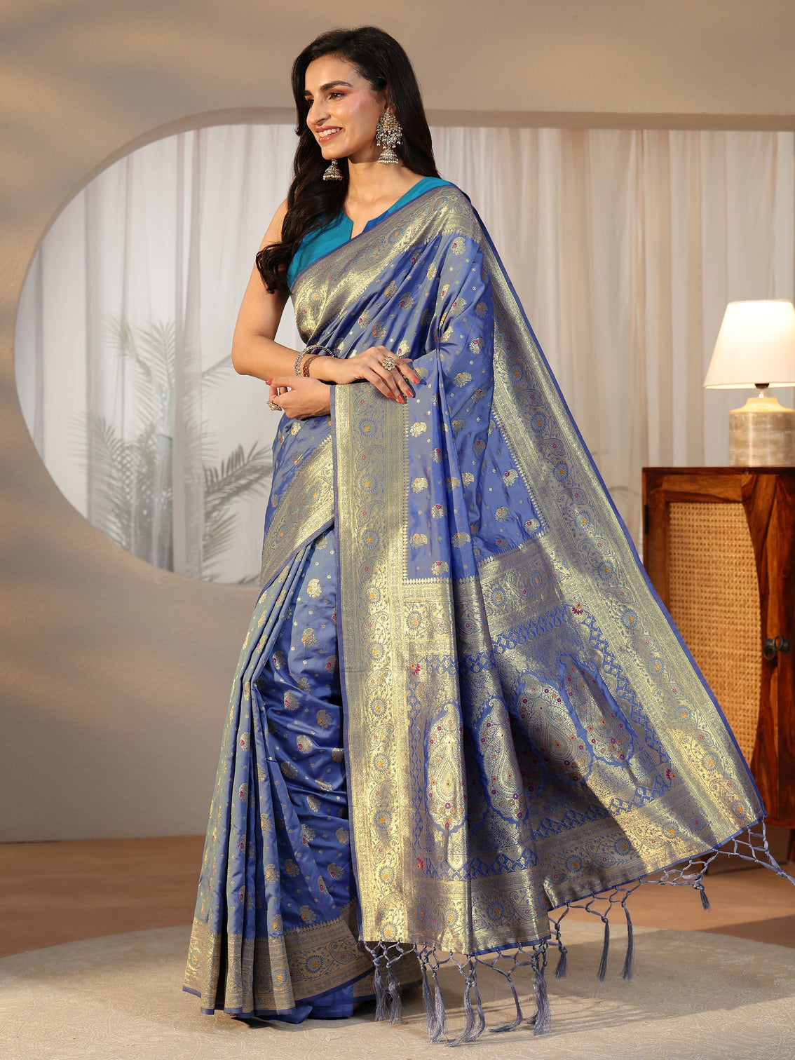 Mameraa Dusty Blue Banarasi Silk Blend Saree