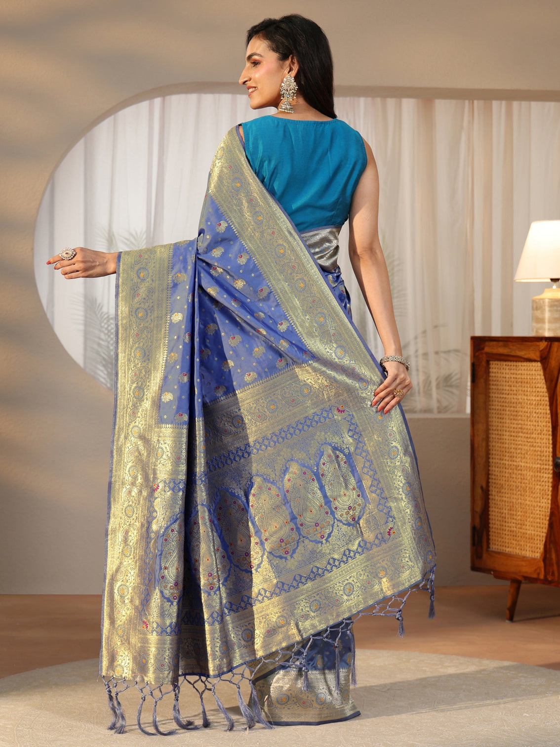 Mameraa Dusty Blue Banarasi Silk Blend Saree