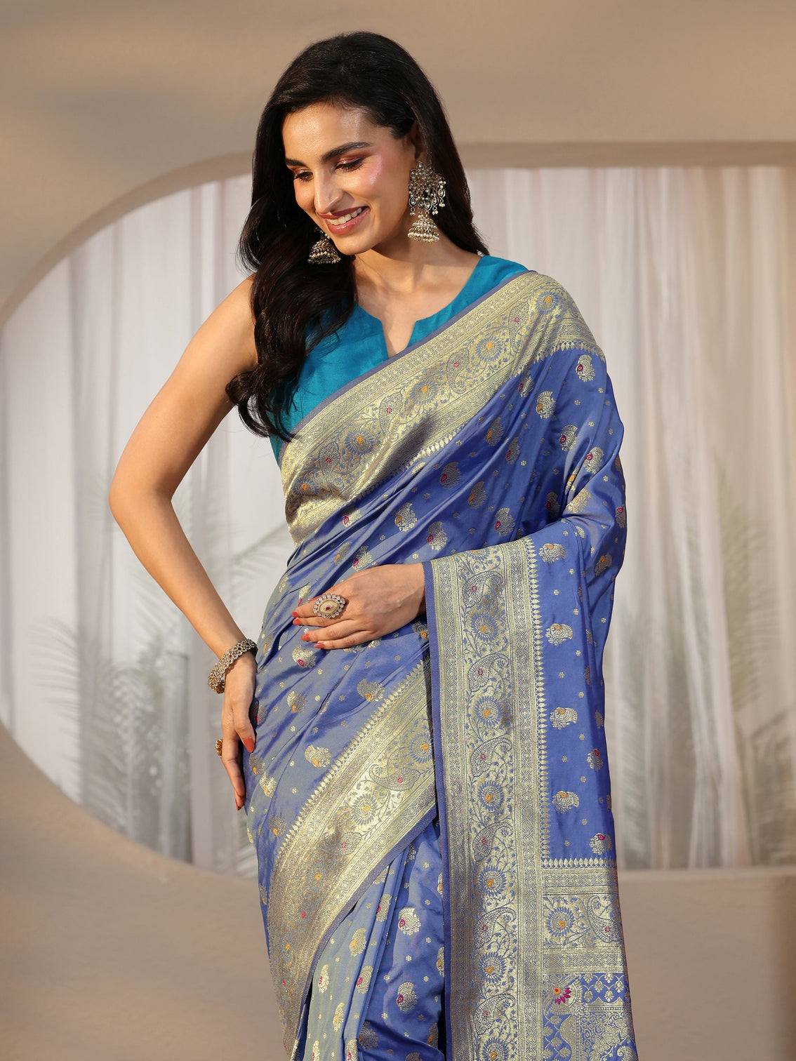 Mameraa Dusty Blue Banarasi Silk Blend Saree