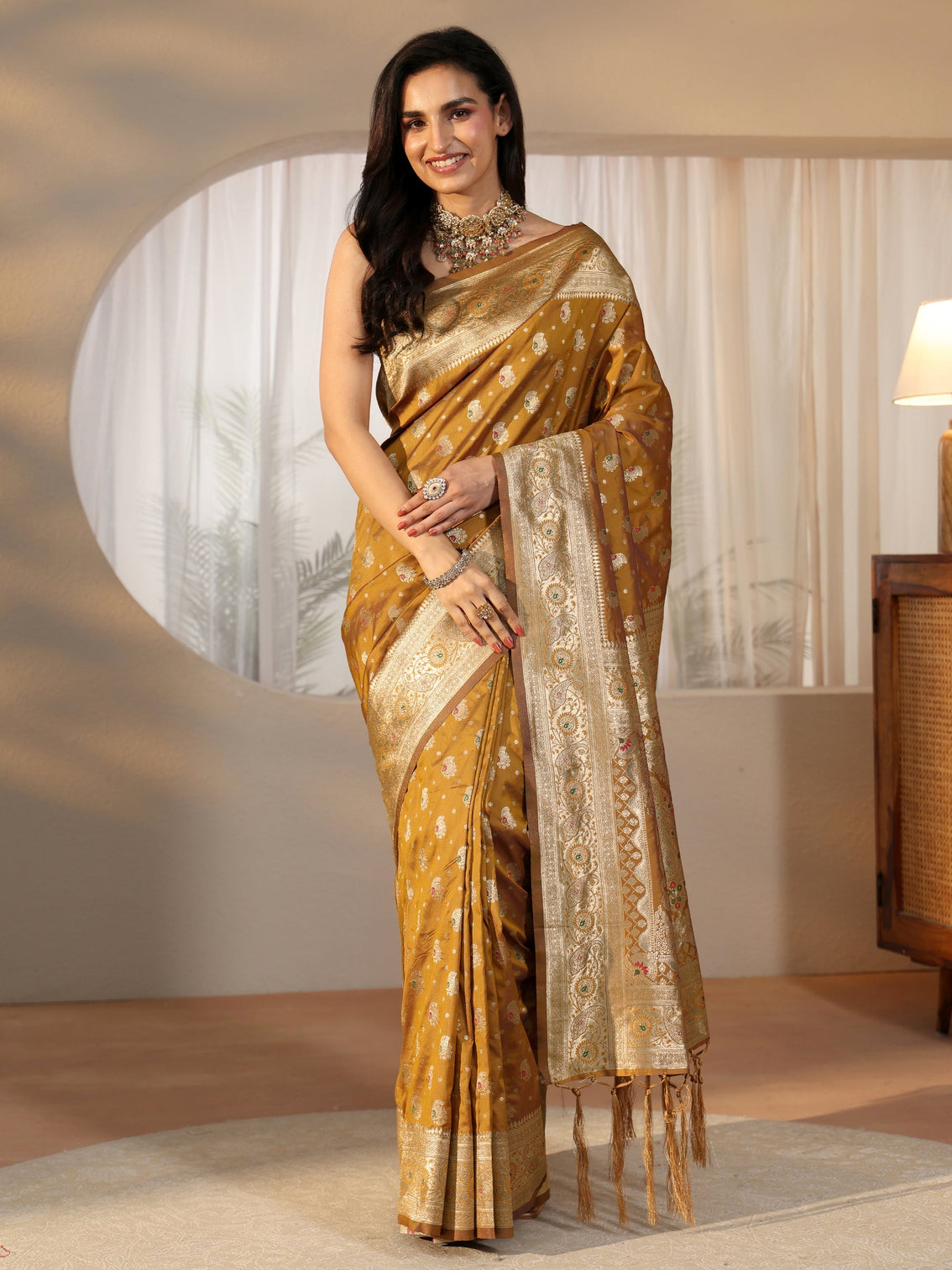 Mameraa Mustard Banarasi Silk Blend Saree