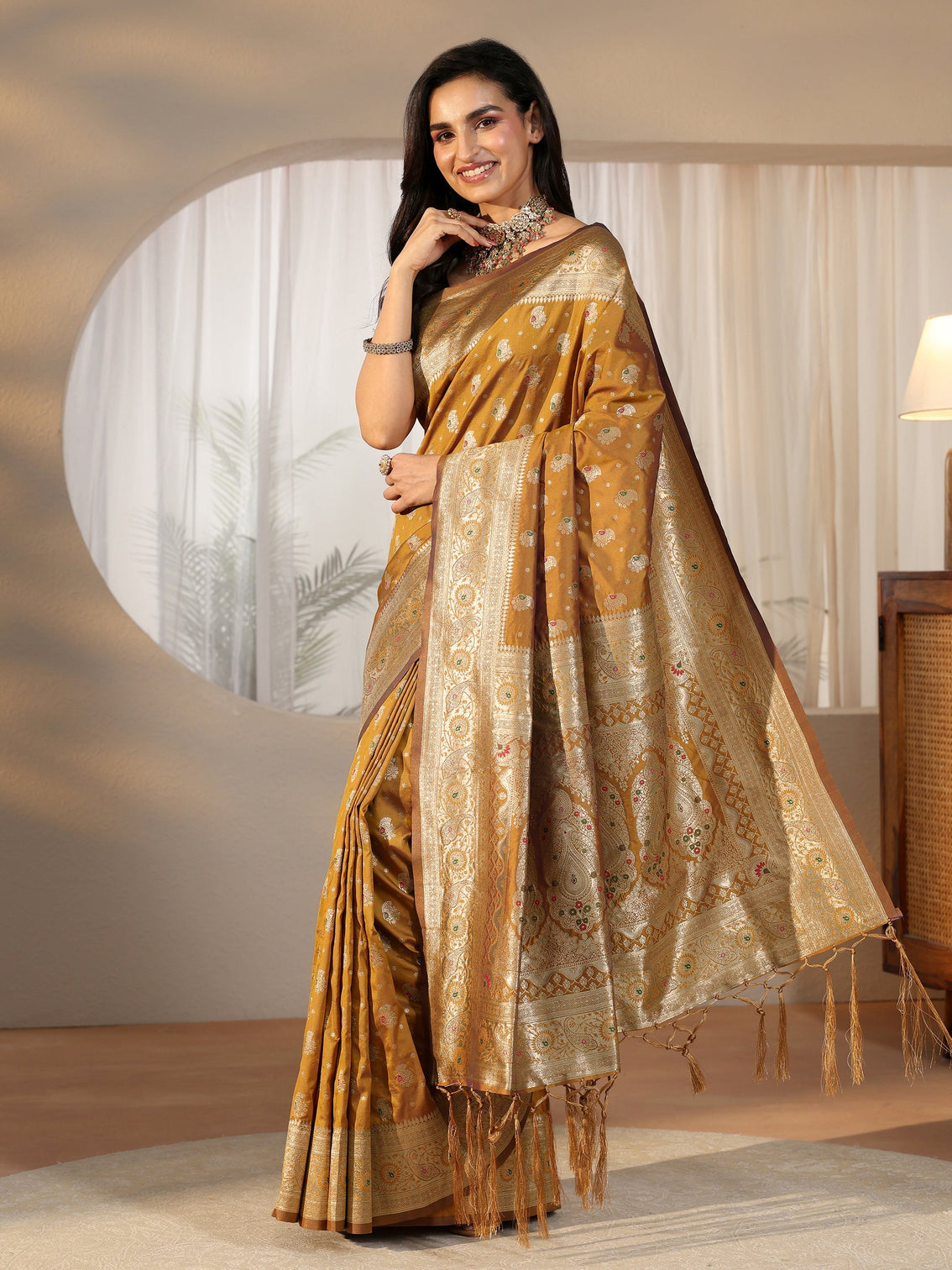 Mameraa Mustard Banarasi Silk Blend Saree