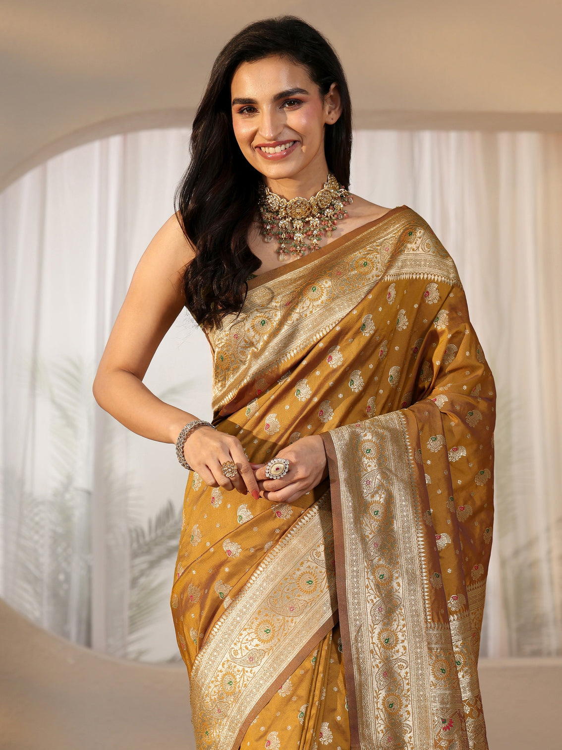Mameraa Mustard Banarasi Silk Blend Saree