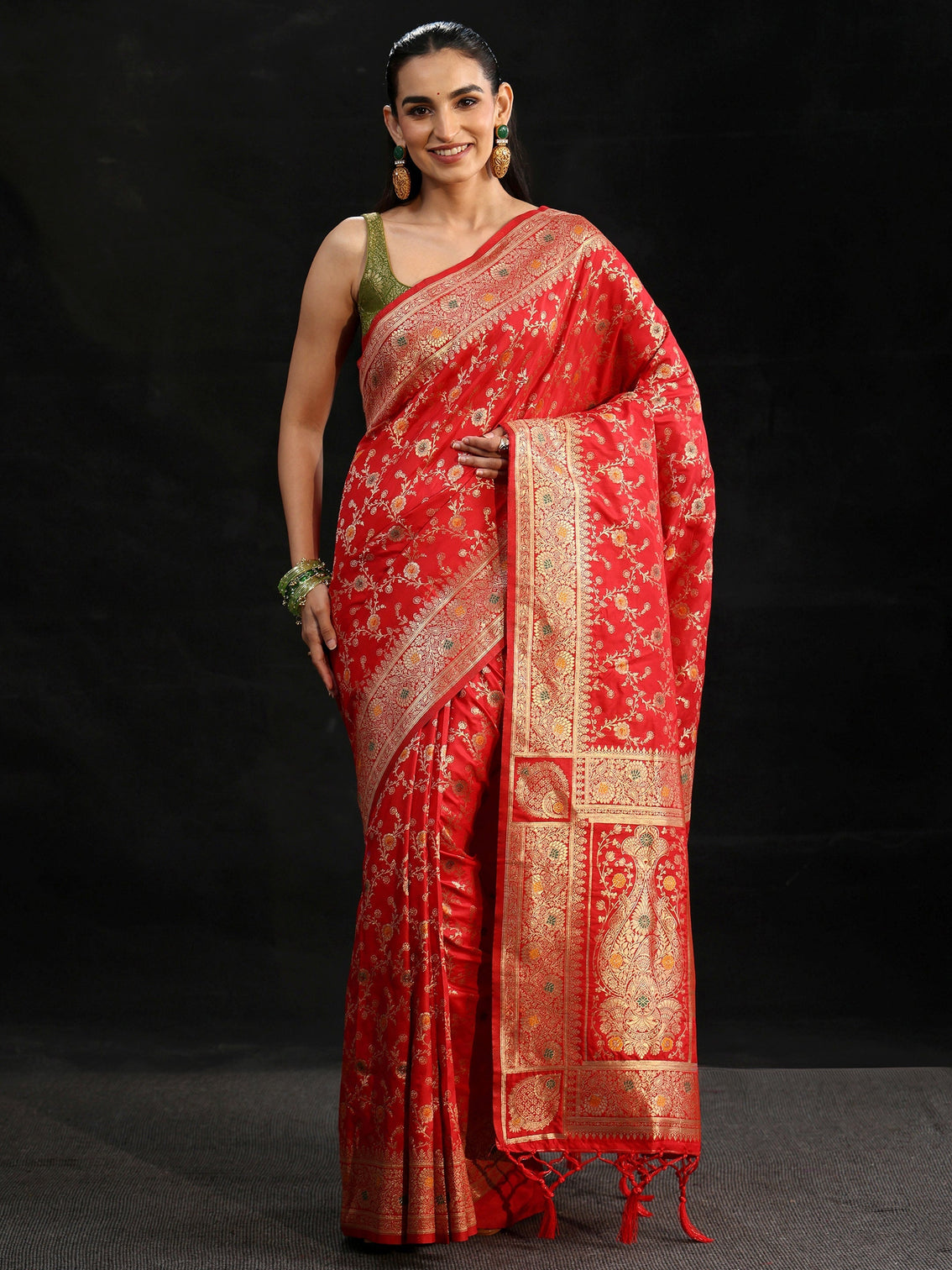 Mameraa Vermilion Red Meenakari Banarasi Silk Blend Saree