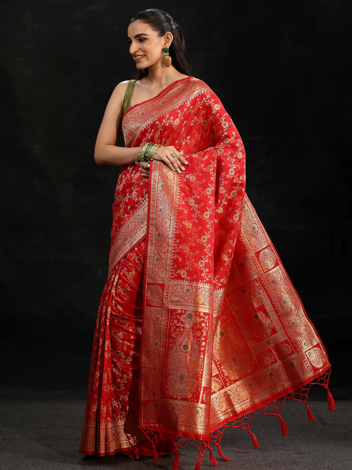 Mameraa Vermilion Red Meenakari Banarasi Silk Blend Saree