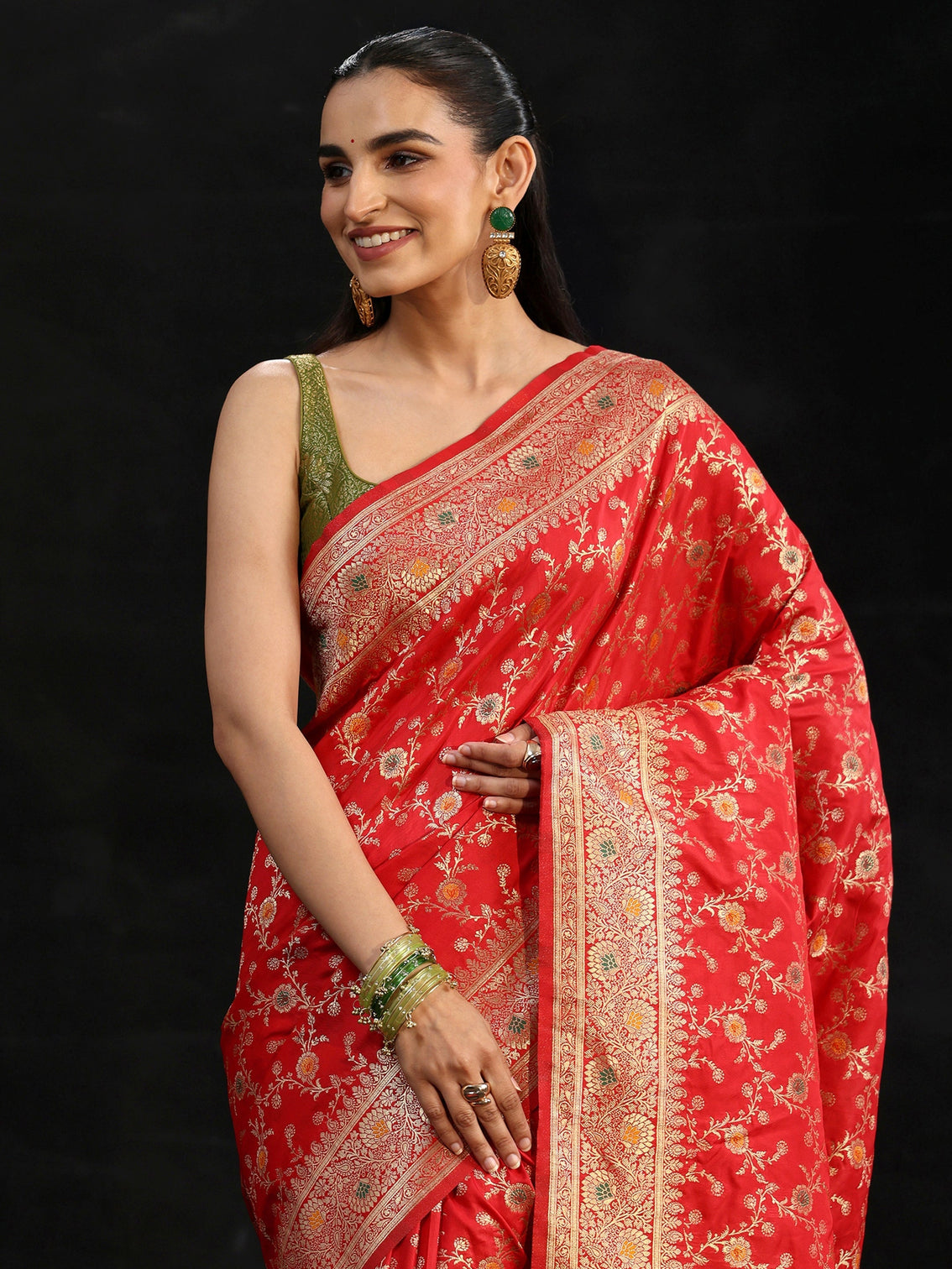 Mameraa Vermilion Red Meenakari Banarasi Silk Blend Saree