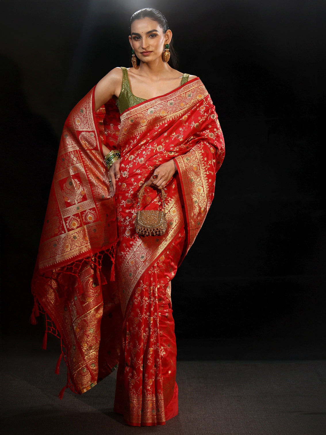 Mameraa Vermilion Red Meenakari Banarasi Silk Blend Saree