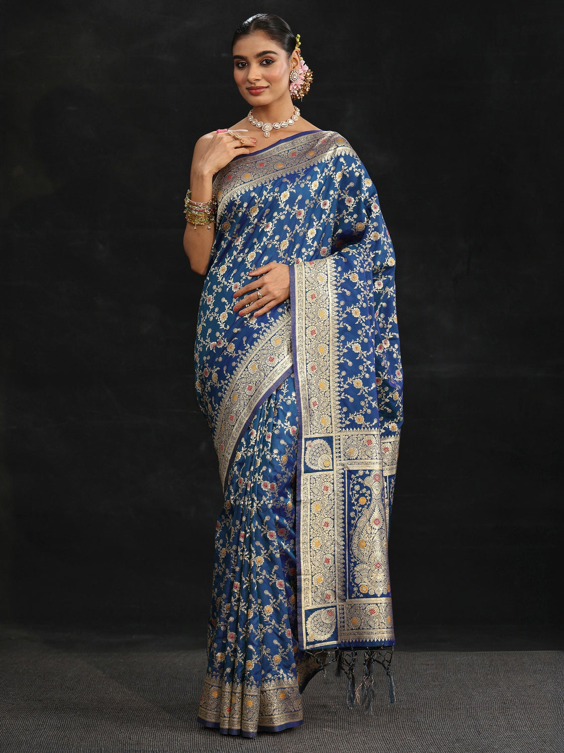 Mameraa Royal Blue Meenakari Banarasi Silk Blend Saree