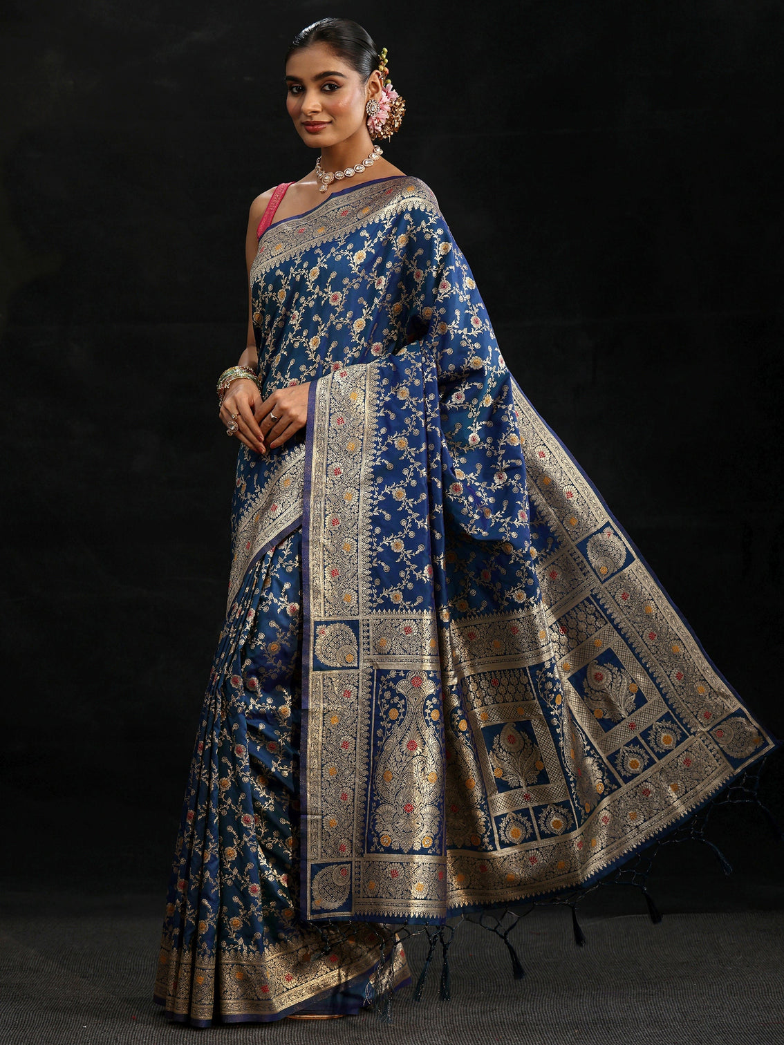 Mameraa Royal Blue Meenakari Banarasi Silk Blend Saree
