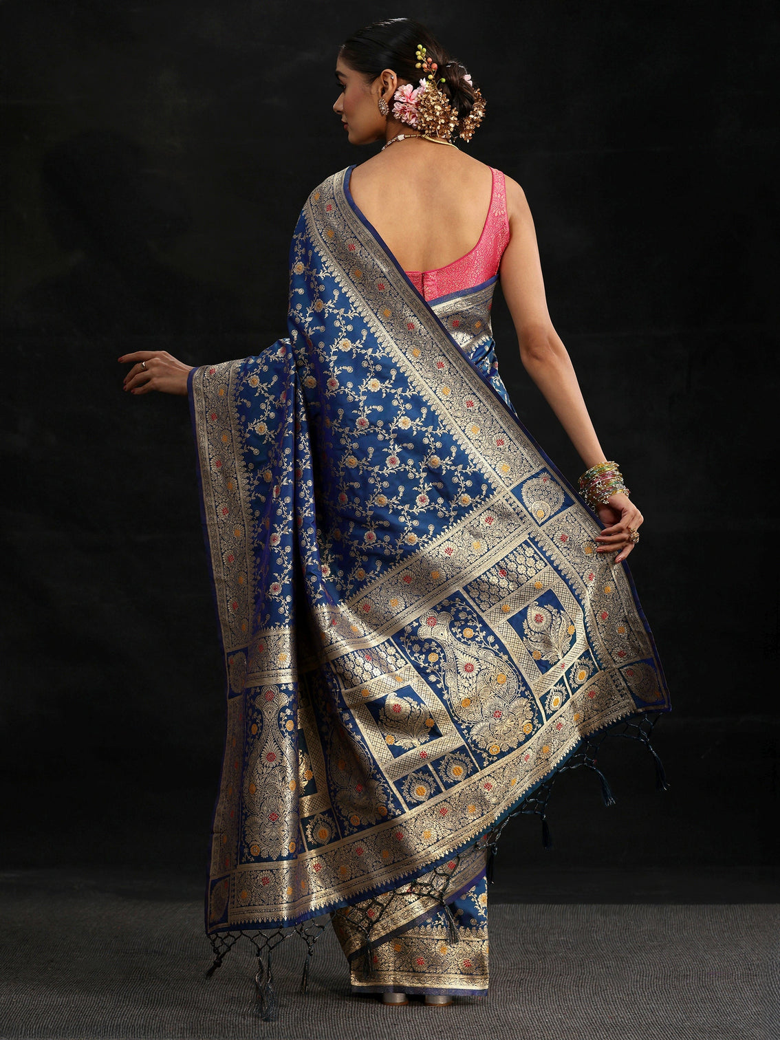 Mameraa Royal Blue Meenakari Banarasi Silk Blend Saree