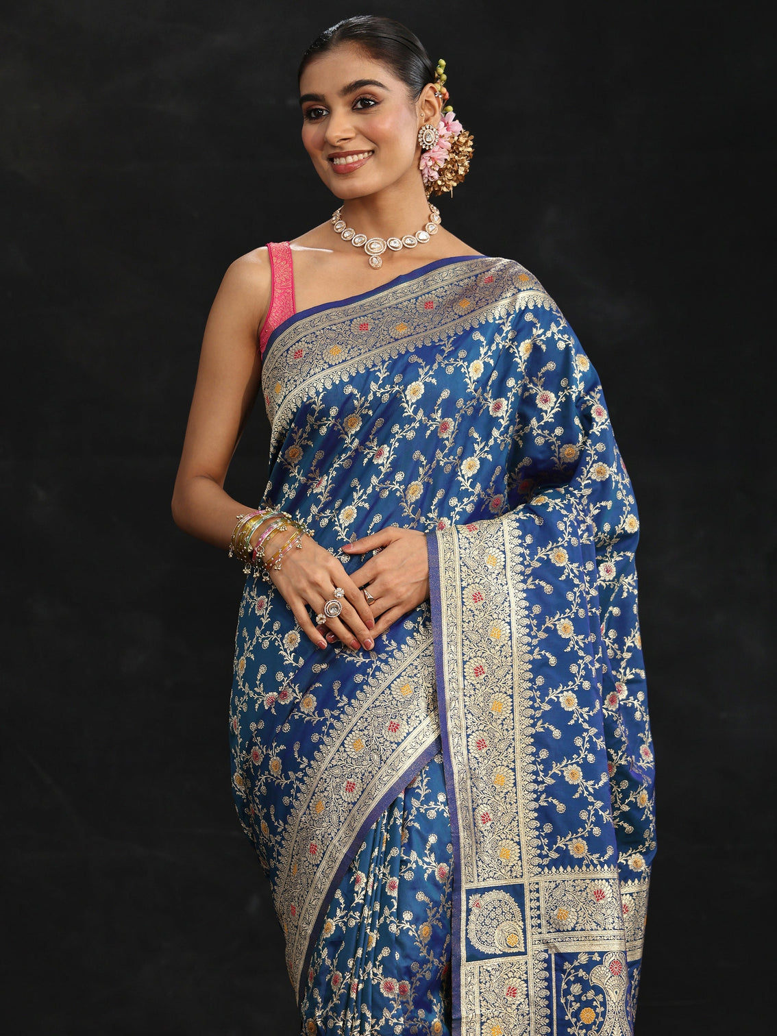 Mameraa Royal Blue Meenakari Banarasi Silk Blend Saree