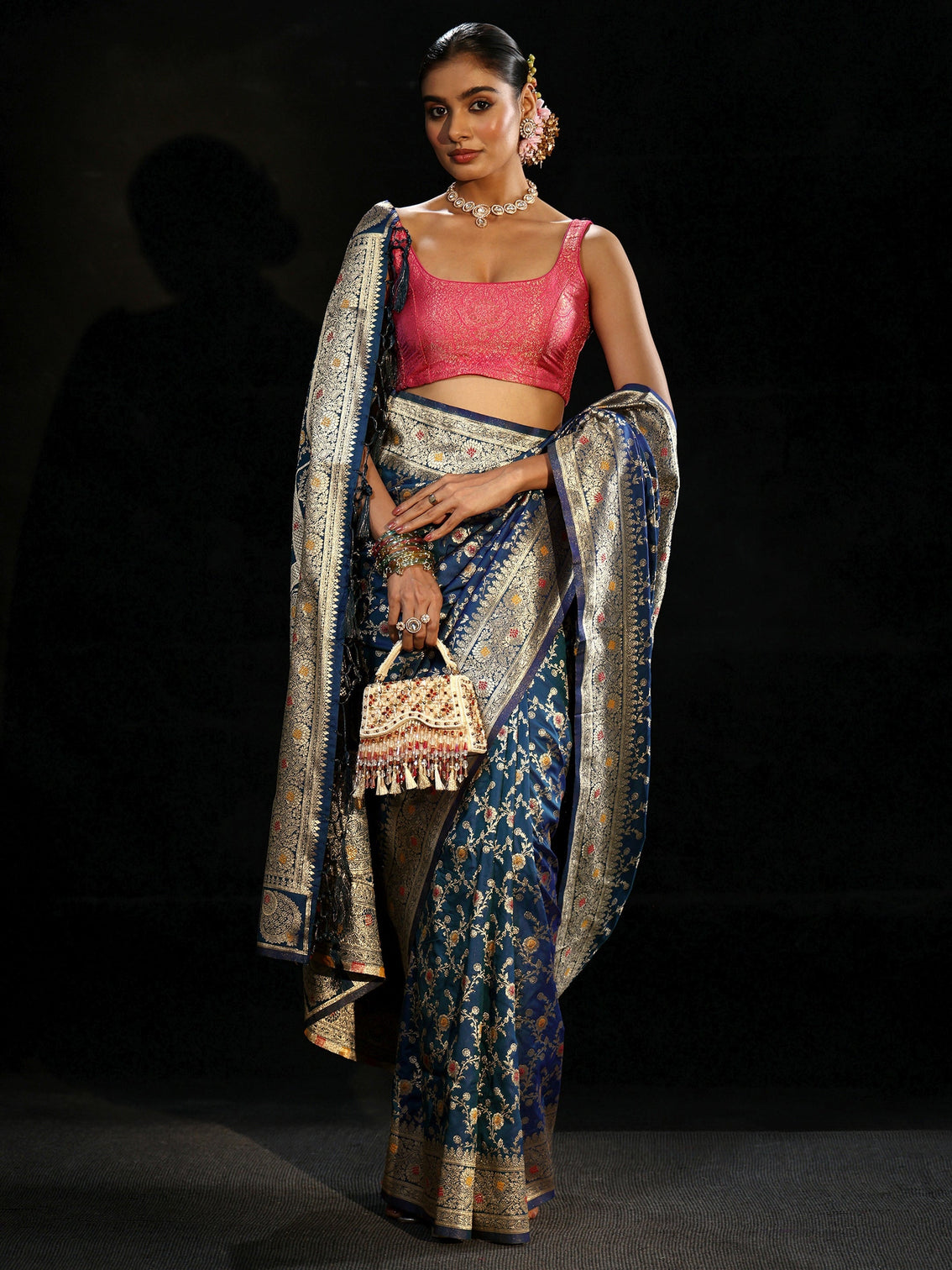 Mameraa Royal Blue Meenakari Banarasi Silk Blend Saree