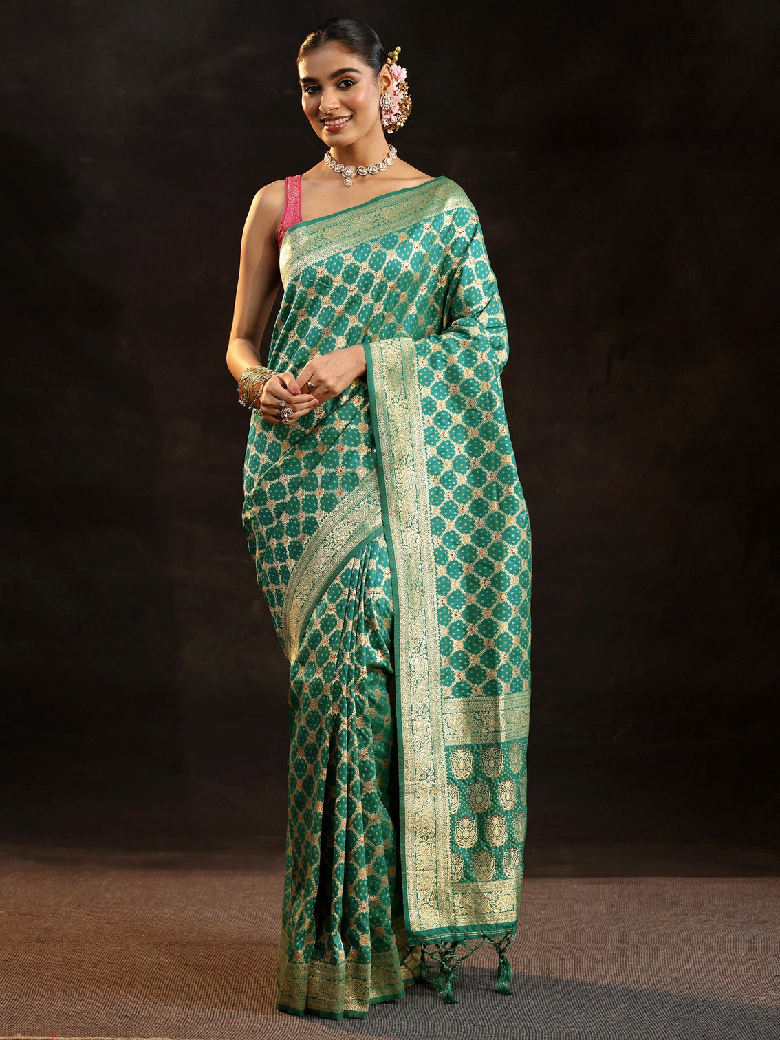 Mameraa Teal Green Banarasi Silk Blend Saree