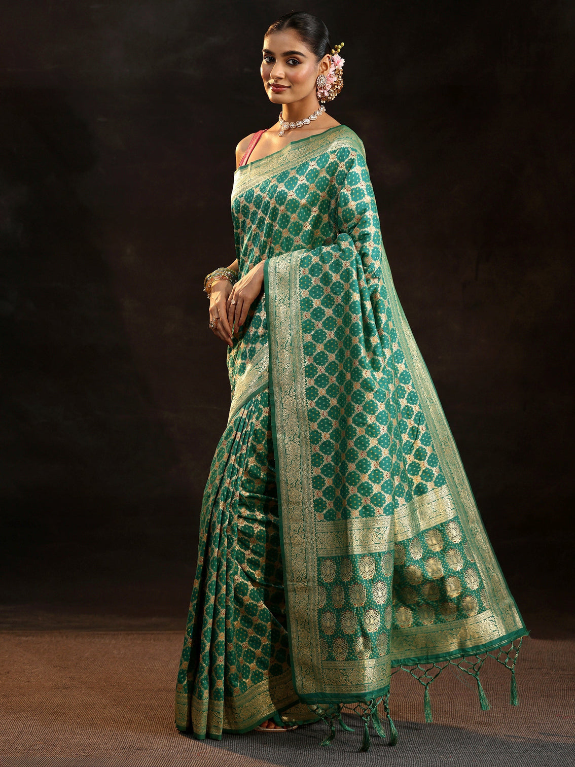 Mameraa Teal Green Banarasi Silk Blend Saree