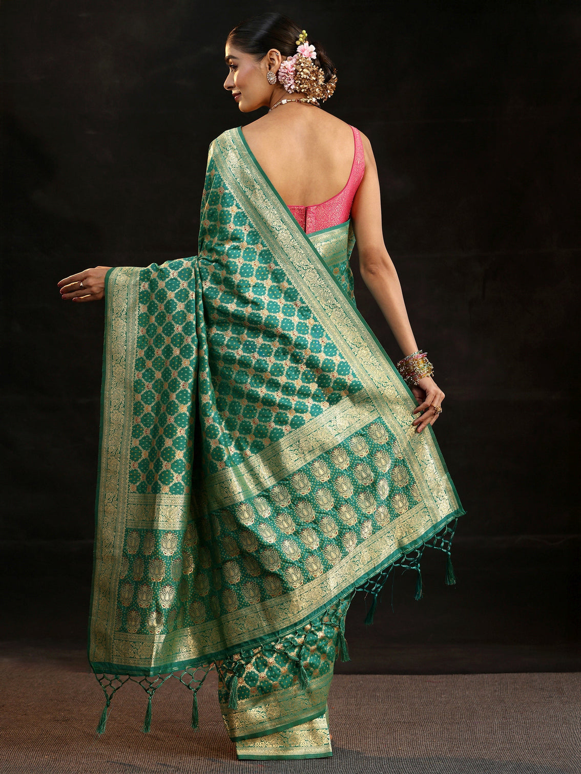 Mameraa Teal Green Banarasi Silk Blend Saree