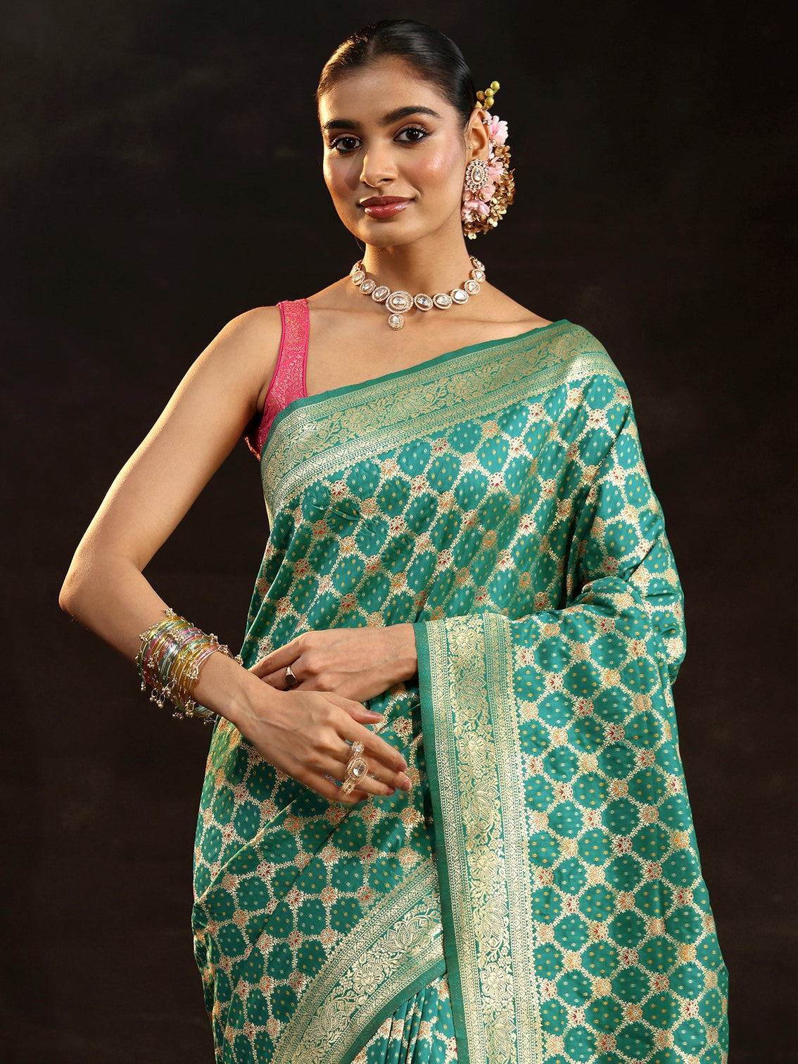 Mameraa Teal Green Banarasi Silk Blend Saree