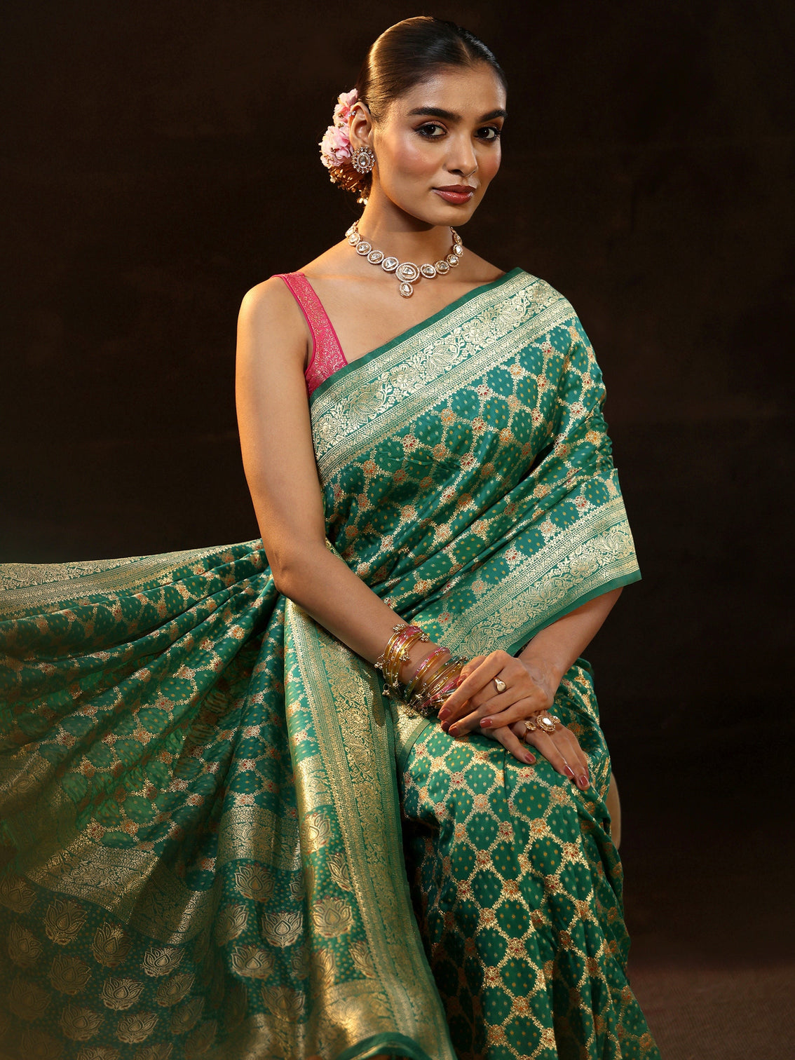 Mameraa Teal Green Banarasi Silk Blend Saree