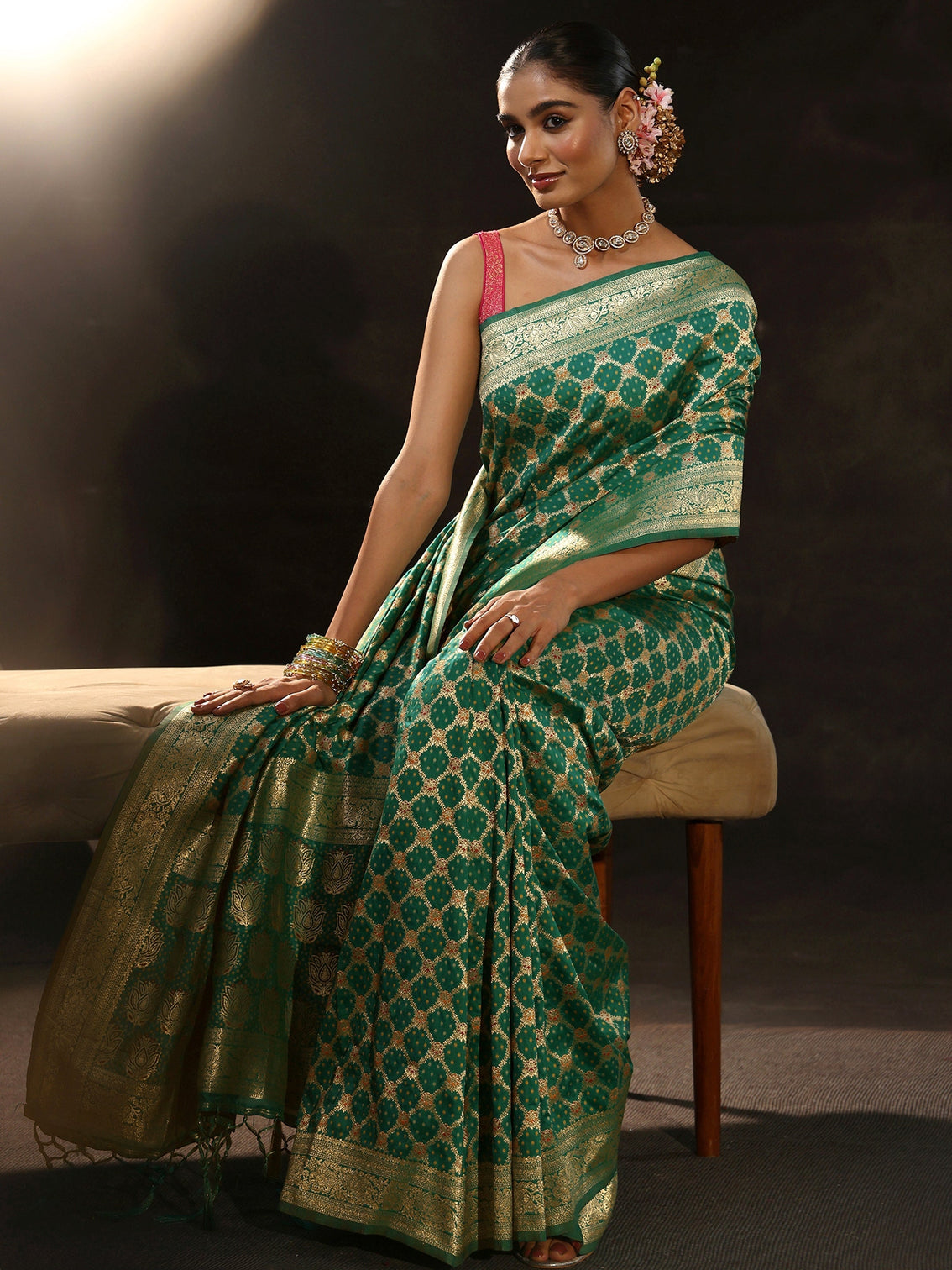 Mameraa Teal Green Banarasi Silk Blend Saree
