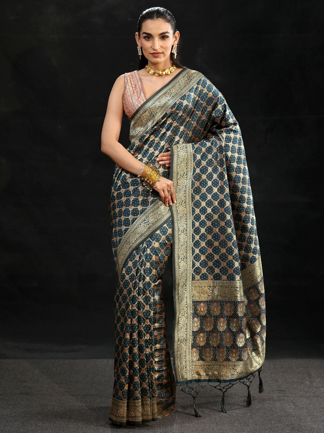Mameraa Navy Blue Banarasi Silk Blend Saree