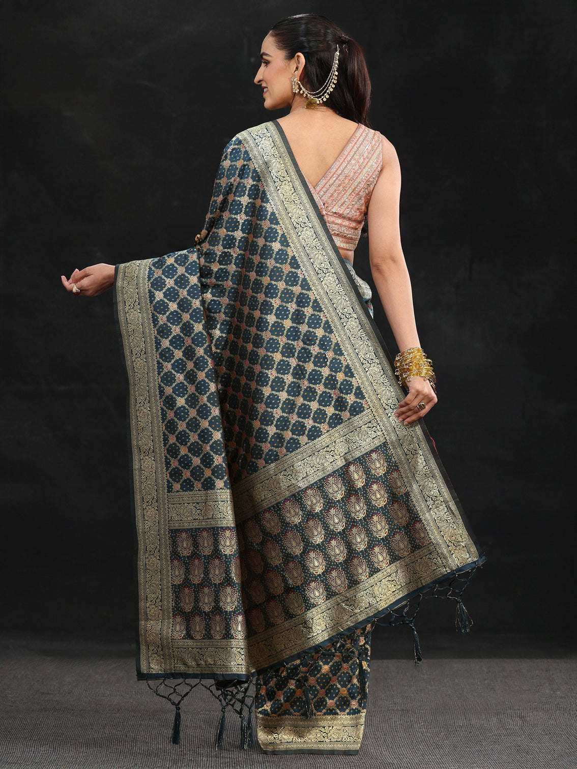 Mameraa Navy Blue Banarasi Silk Blend Saree