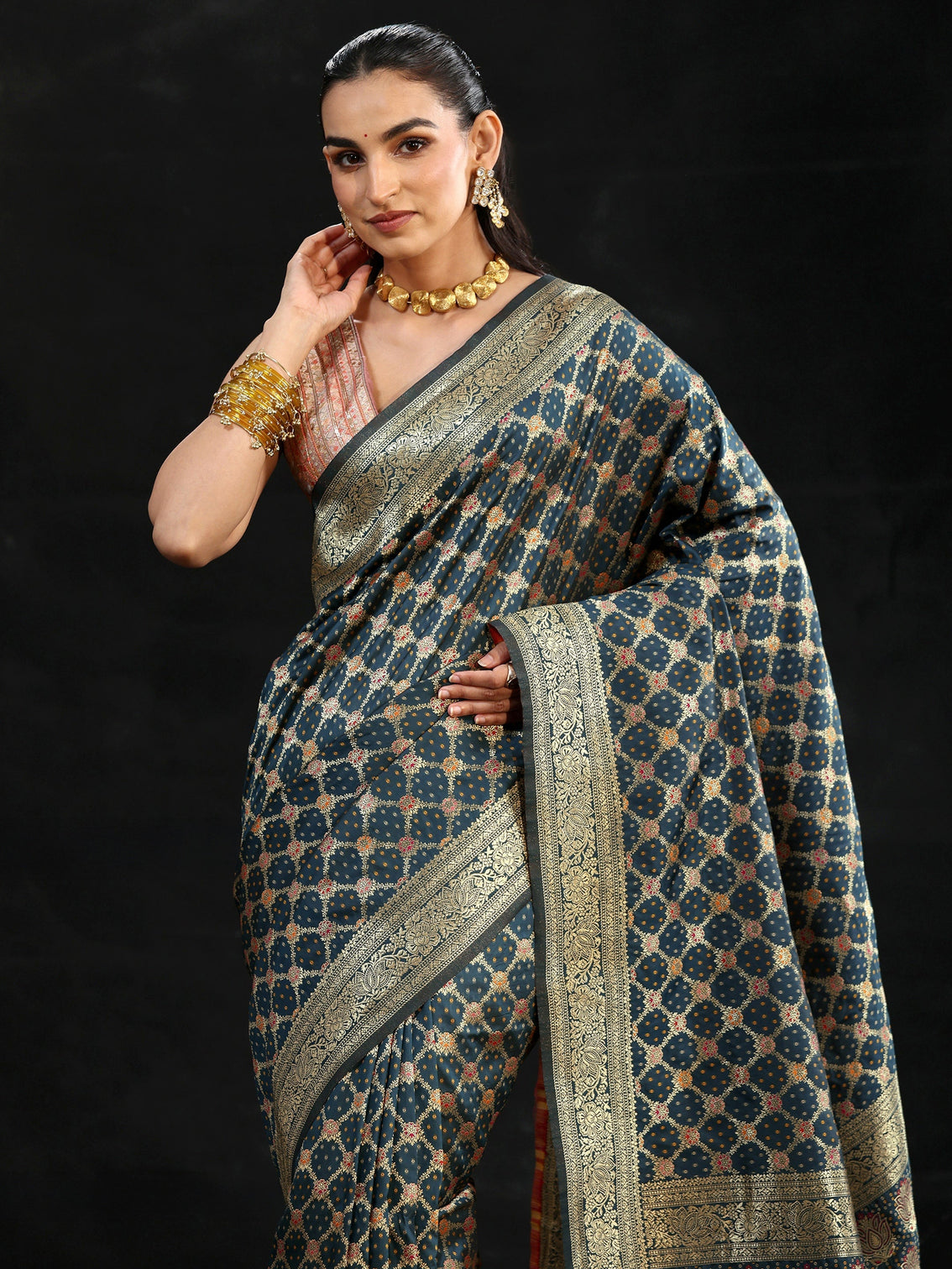 Mameraa Navy Blue Banarasi Silk Blend Saree