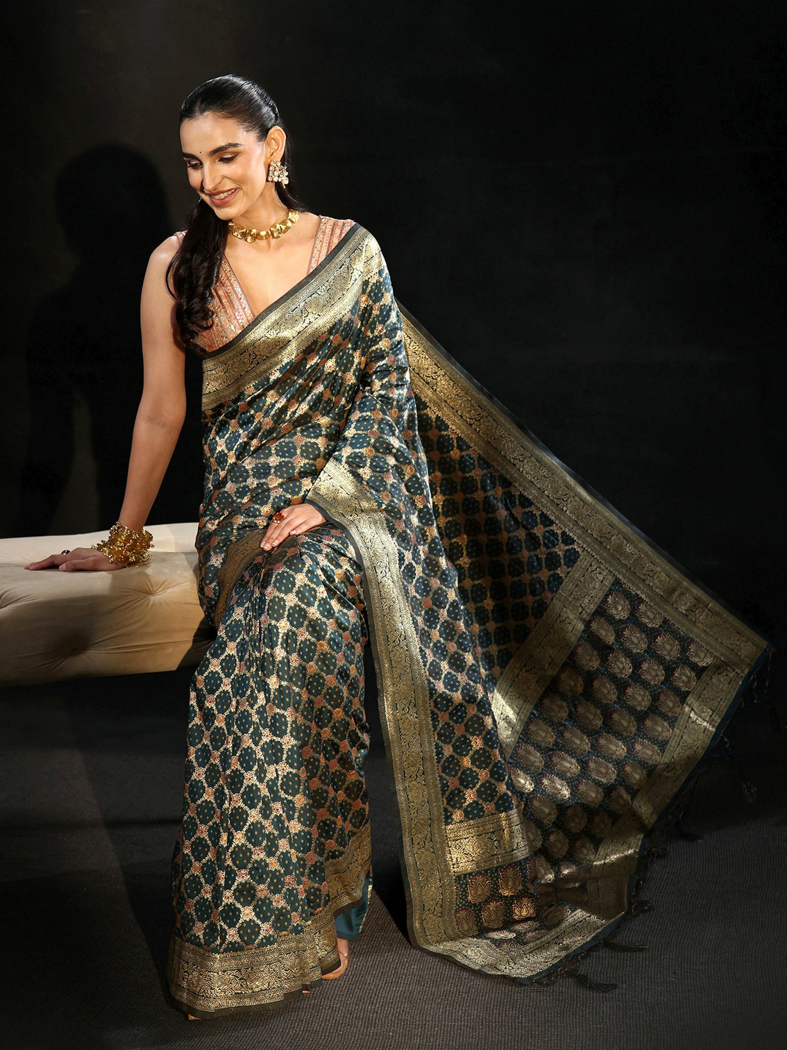 Mameraa Navy Blue Banarasi Silk Blend Saree