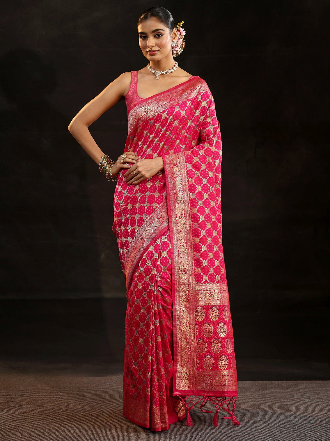 Mameraa Rani Pink Banarasi Silk Blend Saree