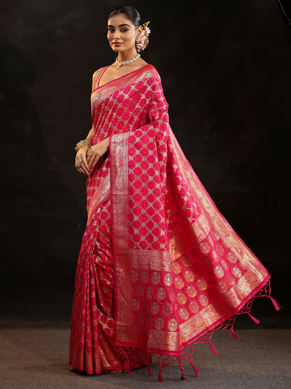 Mameraa Rani Pink Banarasi Silk Blend Saree