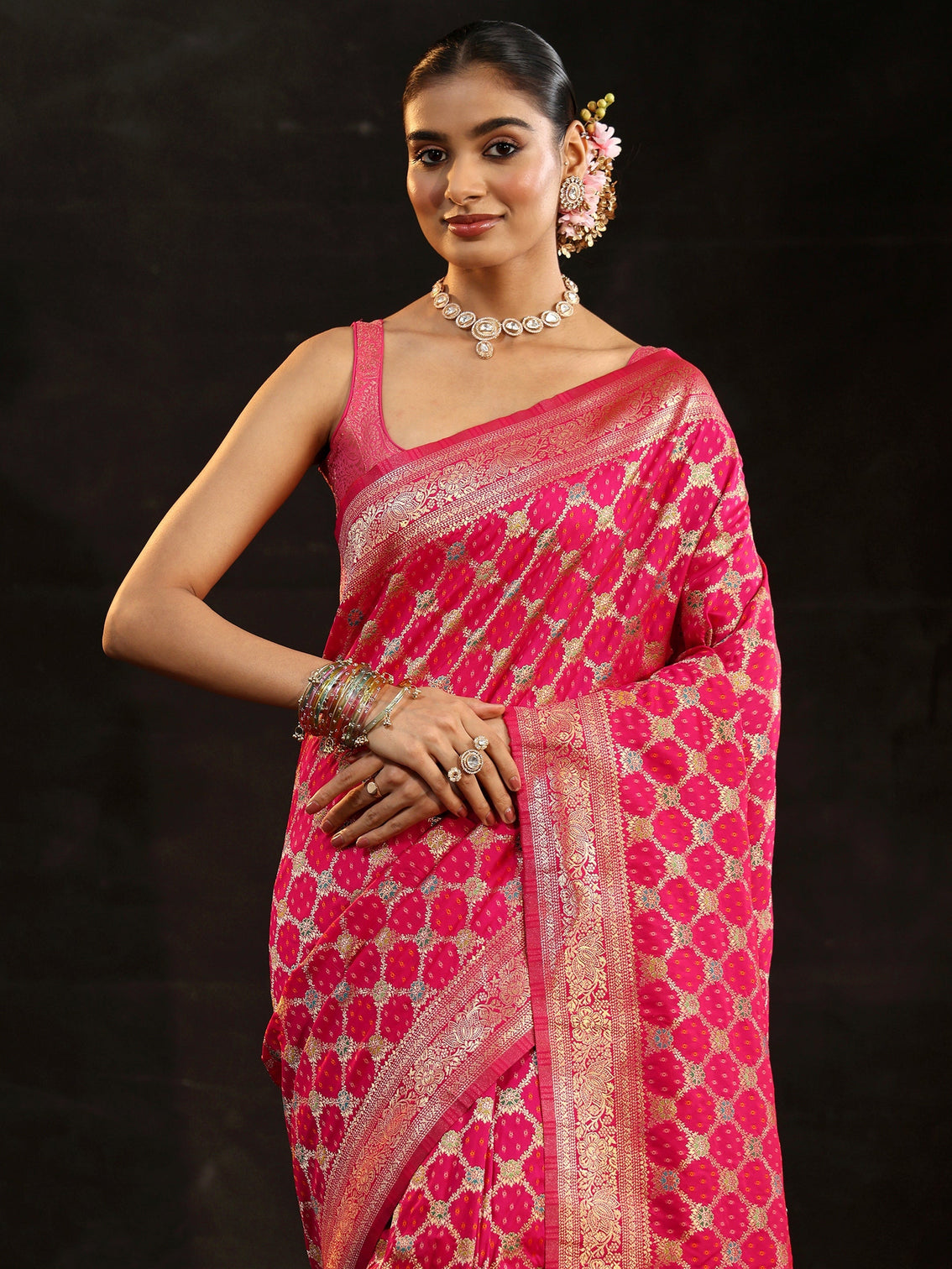 Mameraa Rani Pink Banarasi Silk Blend Saree