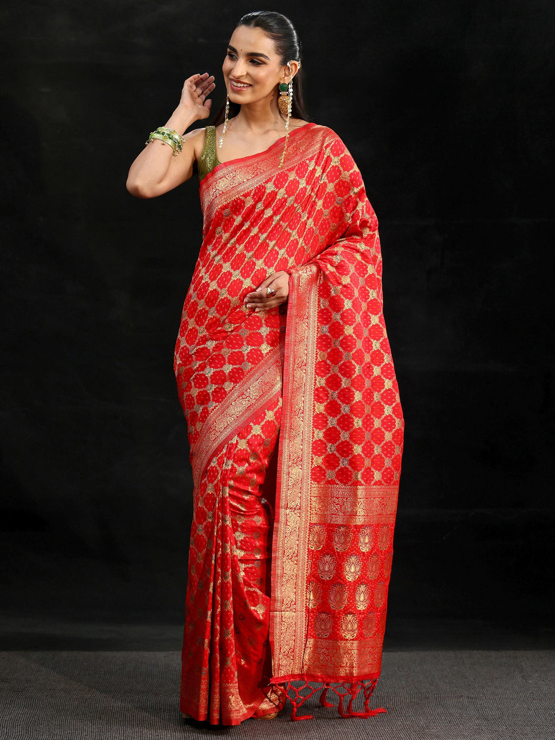 Mameraa Vermilion Red Banarasi Silk Blend Saree