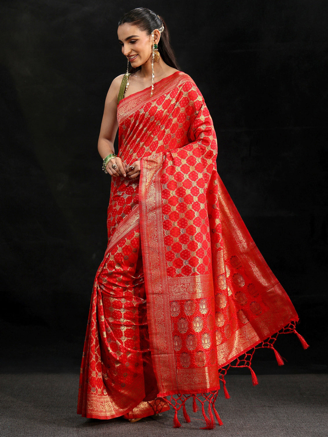Mameraa Vermilion Red Banarasi Silk Blend Saree